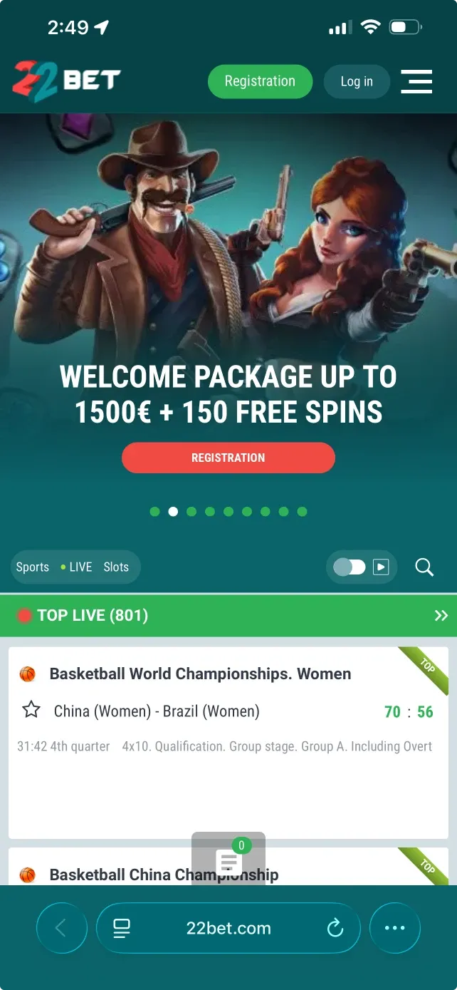 22Bet mobile preview