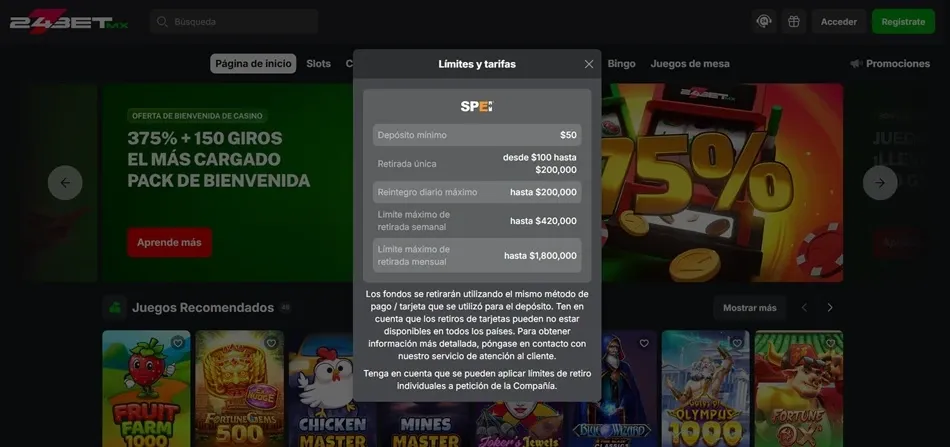 Límites y tarifas de SPEI en 247bet México