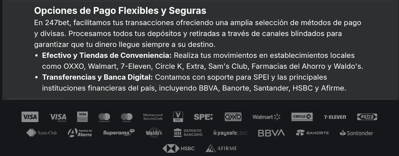 Métodos de pago de 247bet México: tarjetas, SPEI y OXXO