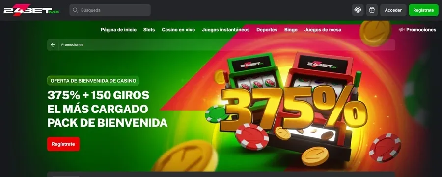 Bono de bienvenida de 247bet México con 375% y 150 giros
