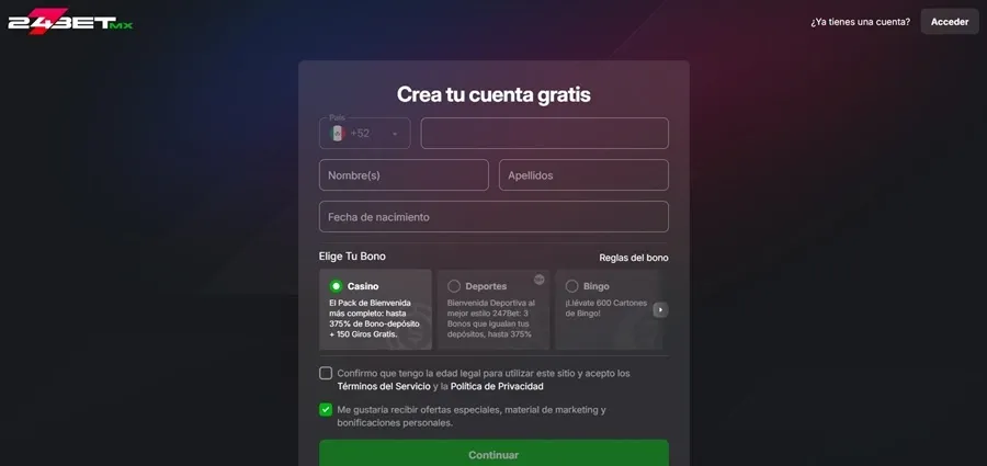 Formulario de registro de 247bet México