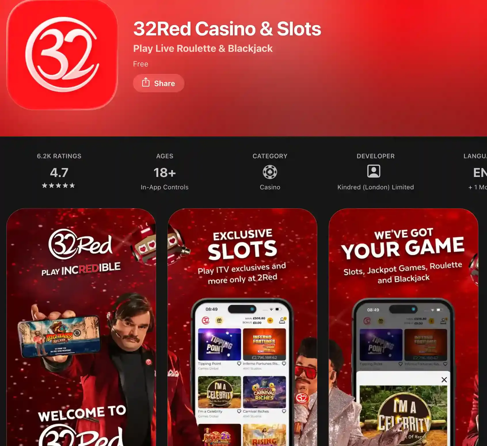 32Red Casino & Slots App Store listing, rated 4.7 from 6.2K ratings and developed by Kindred (London) Limited