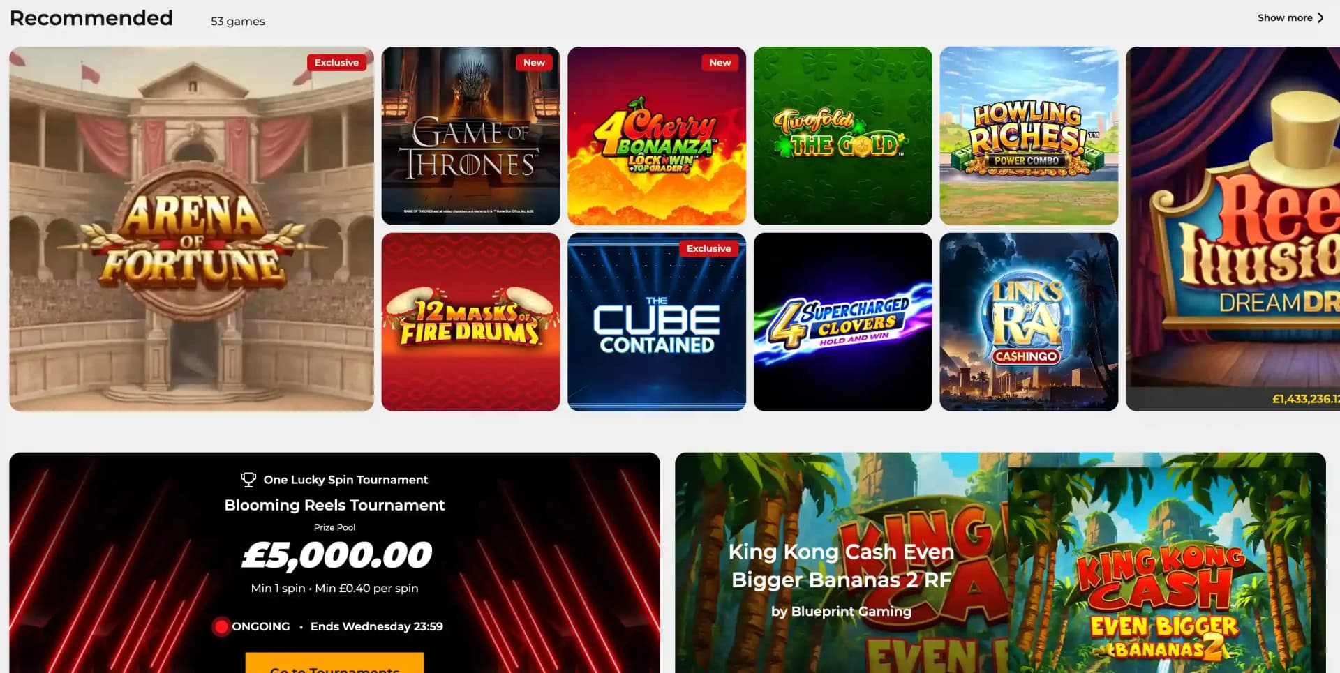 32Red recommended-games grid with Arena of Fortune, Game of Thrones and Howling Riches tiles