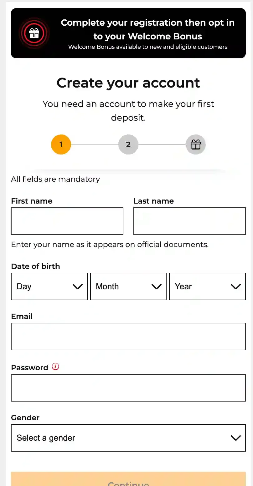 32Red account registration form with name, date of birth, email, password and gender fields