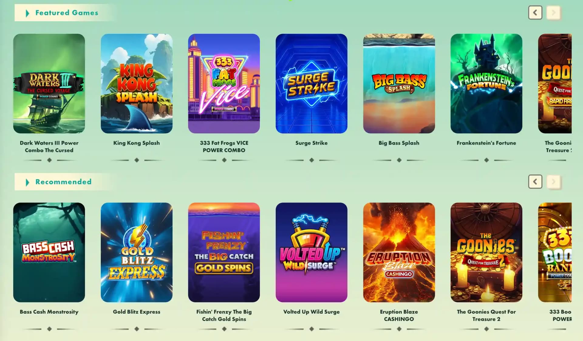 777 Casino game lobby showing Featured Games and Recommended rows with Dark Waters III, King Kong Splash and Surge Strike tiles