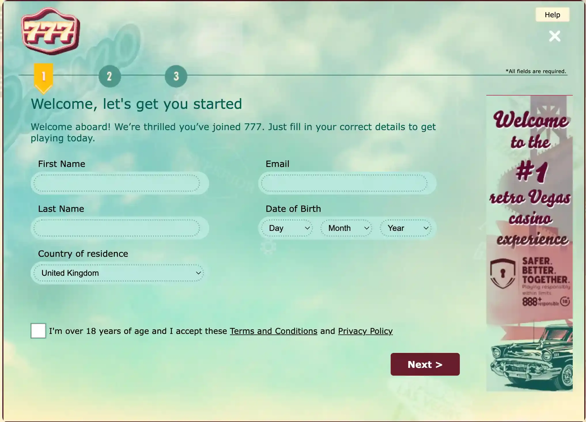 777 Casino three-step registration form with personal details, UK residence and over-18 terms checkbox