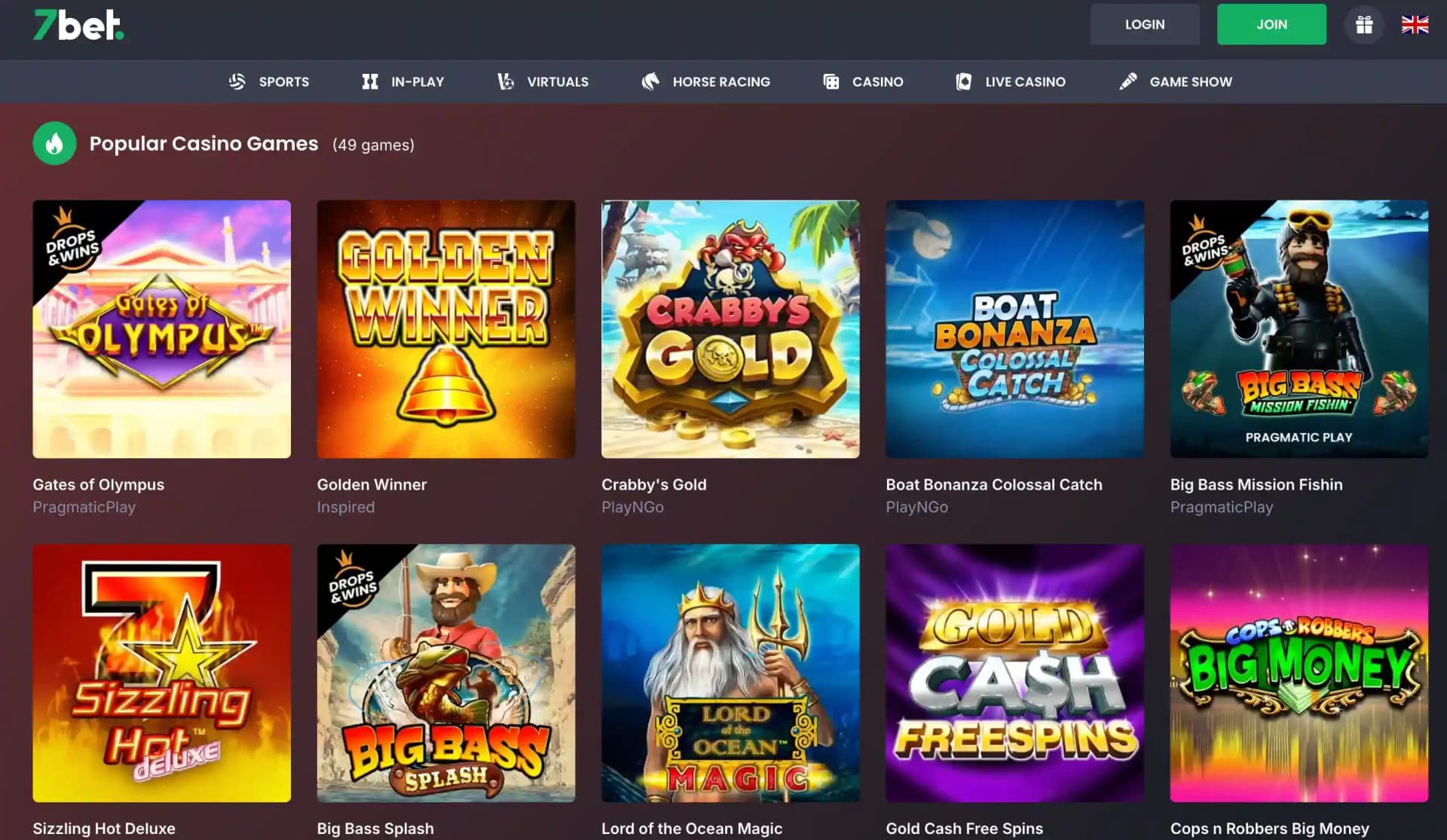 7bet Popular Casino Games page with Gates of Olympus, Golden Winner and Crabby's Gold tiles