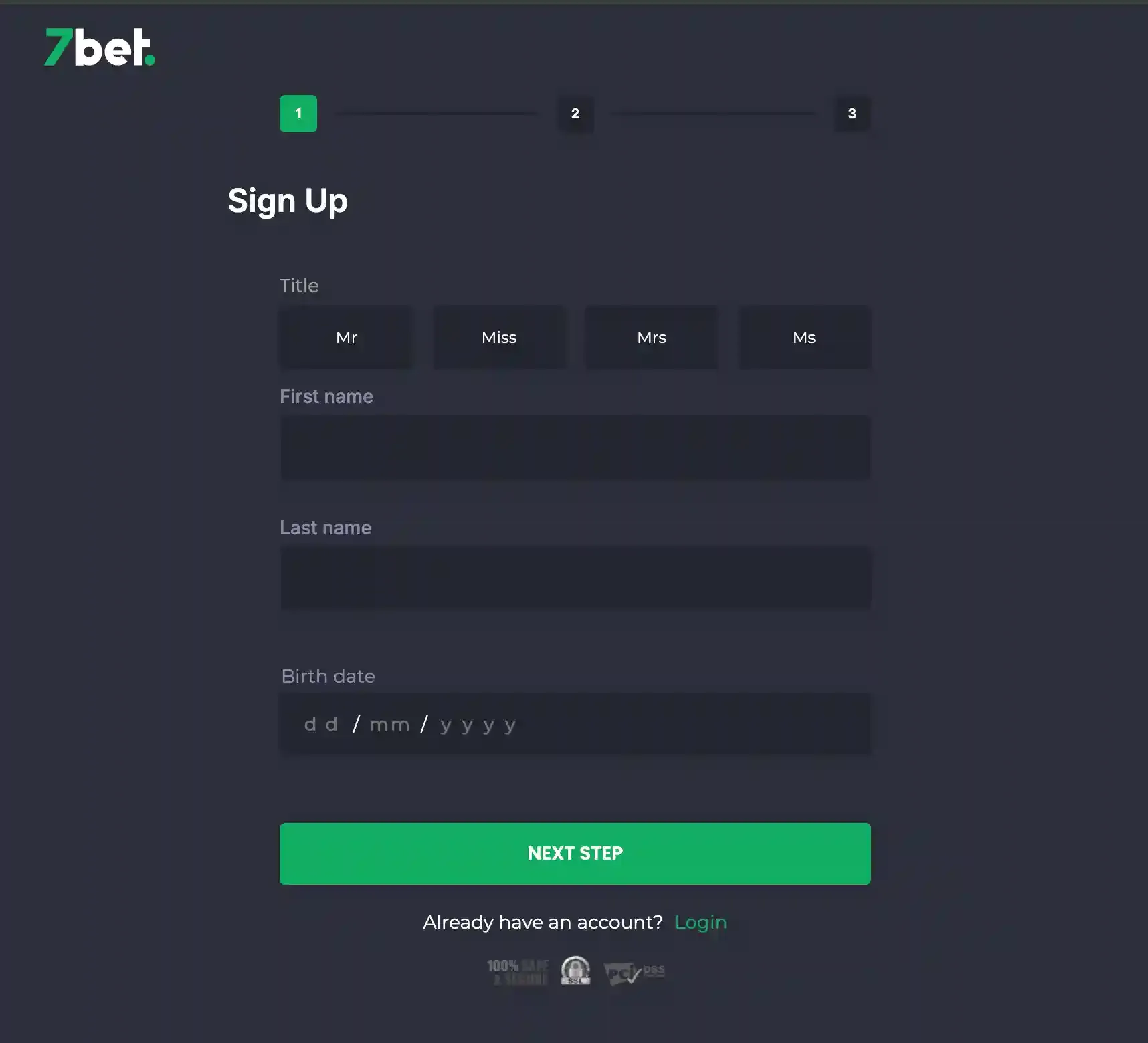 7bet sign-up form with title, name and birth date fields