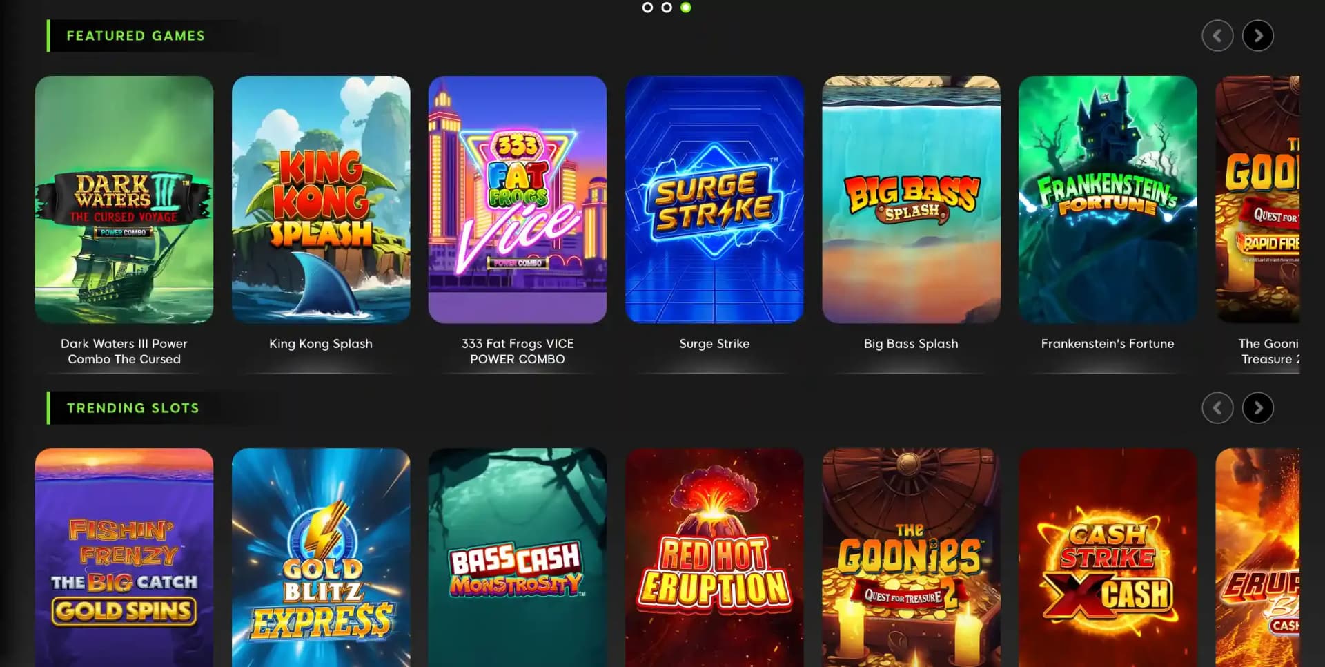 888 Casino Featured Games and Trending Slots rows including Dark Waters III, King Kong Splash and Surge Strike