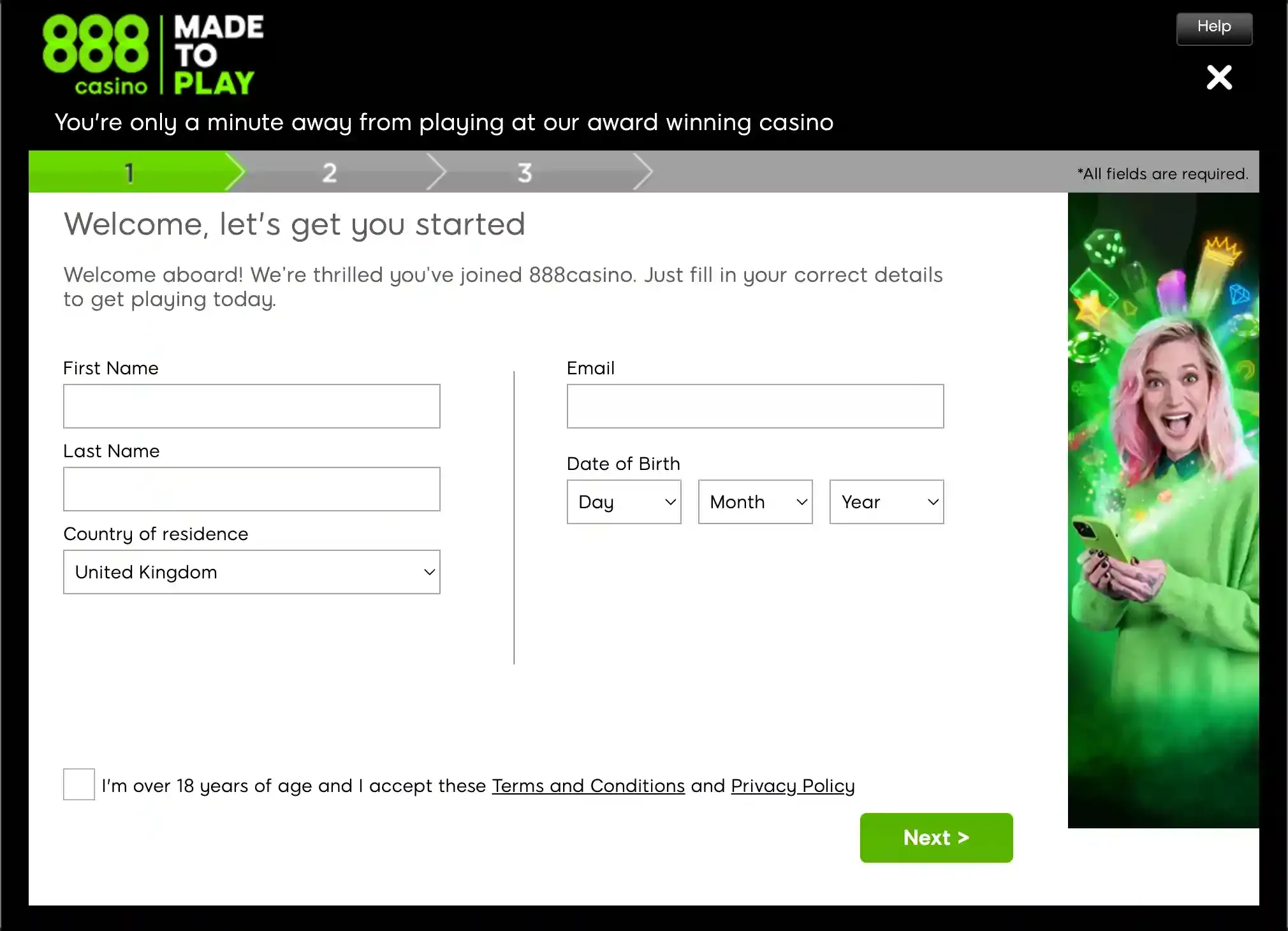 888 Casino registration step one with personal details fields and a woman holding a phone