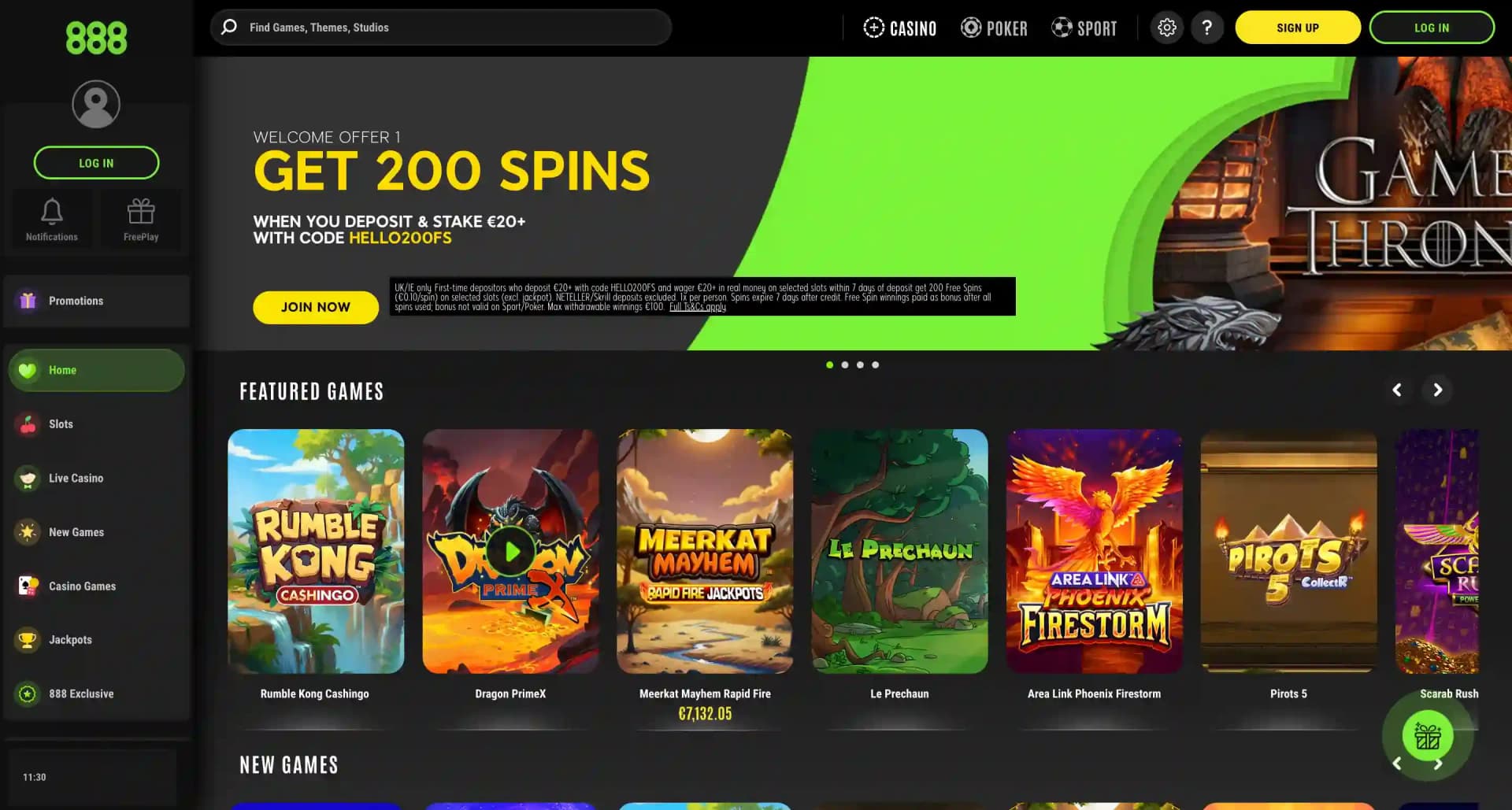 888 Casino Ireland lobby with featured and new games