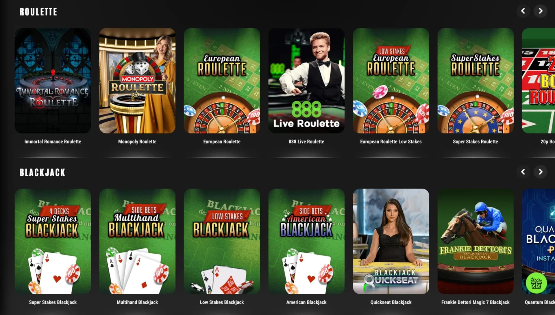 888 Casino Ireland lobby with live, table and exclusive game categories