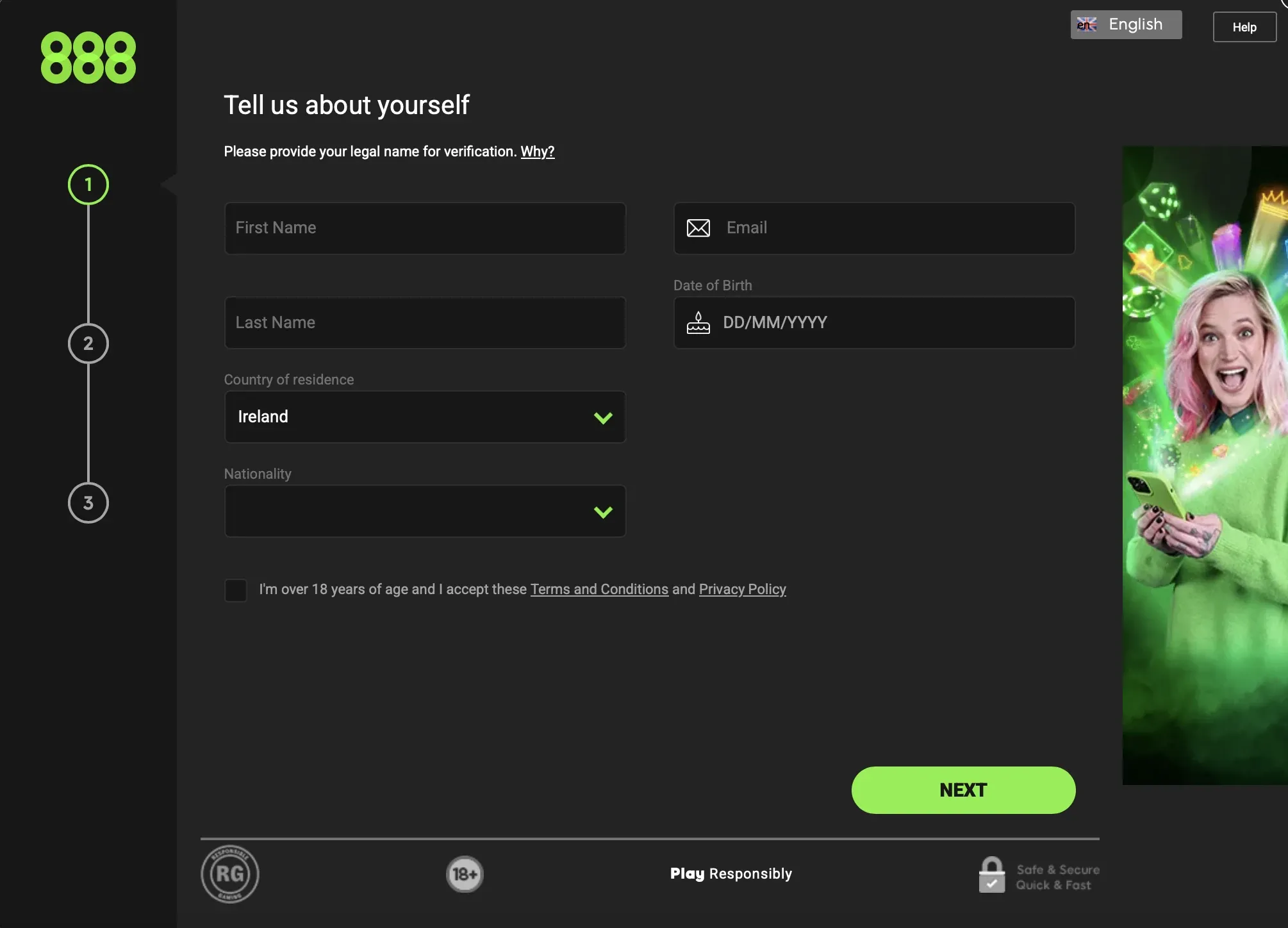 888 Casino Ireland registration form with Ireland selected