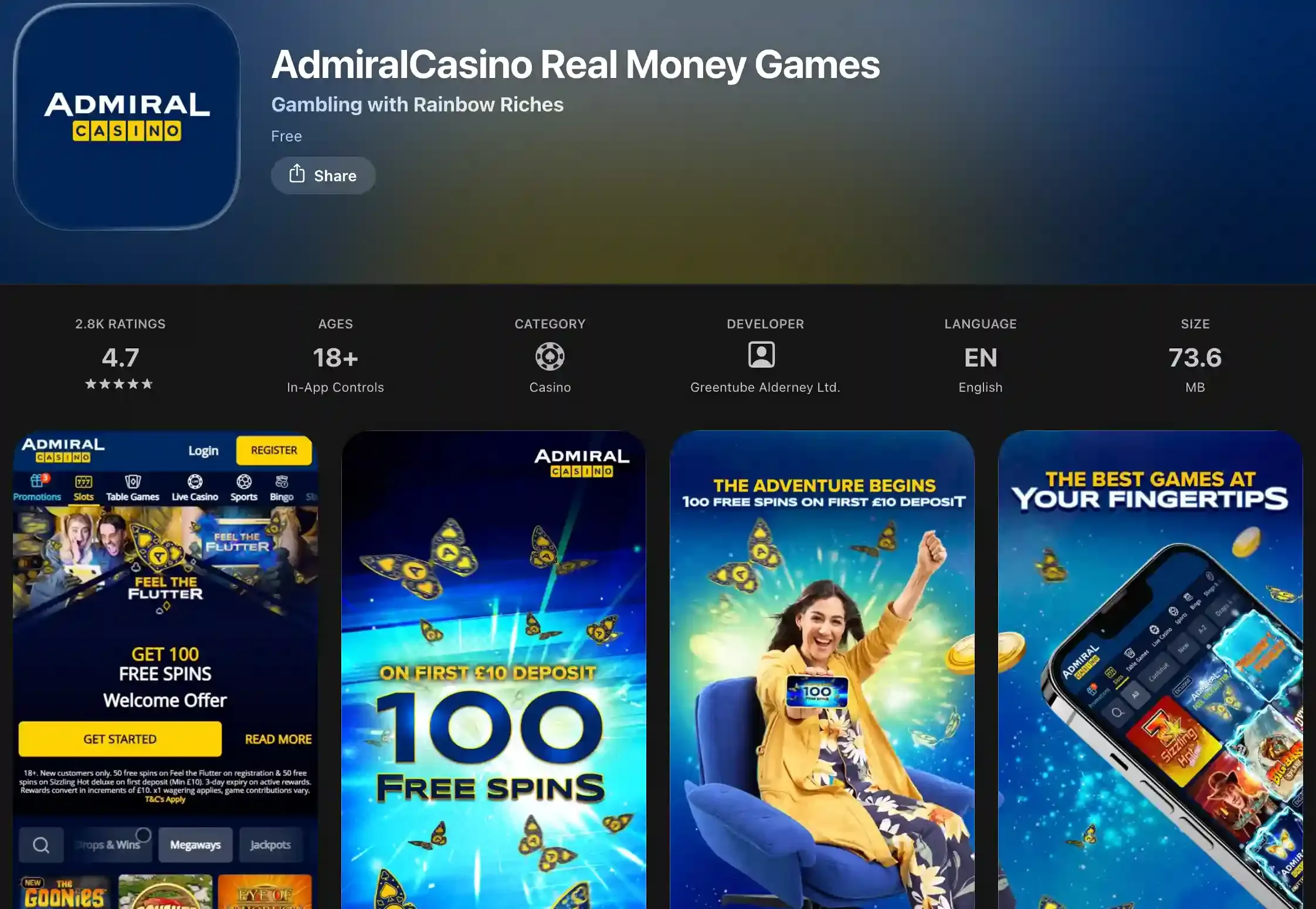 App Store listing for AdmiralCasino Real Money Games, rated 4.7, with casino promotion screenshots