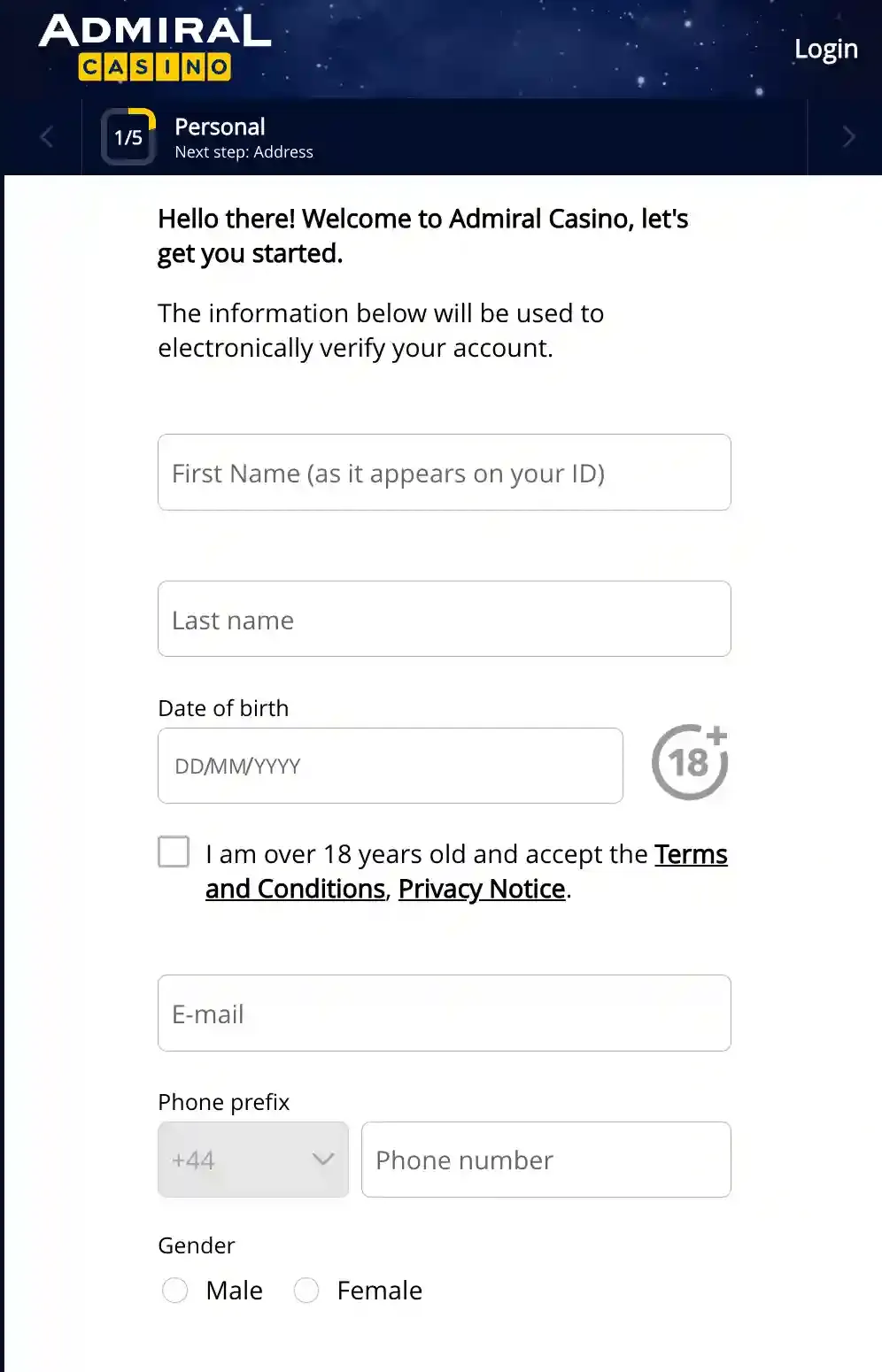 Admiral Casino registration step 1 of 5 with name, date of birth, email, phone and gender fields