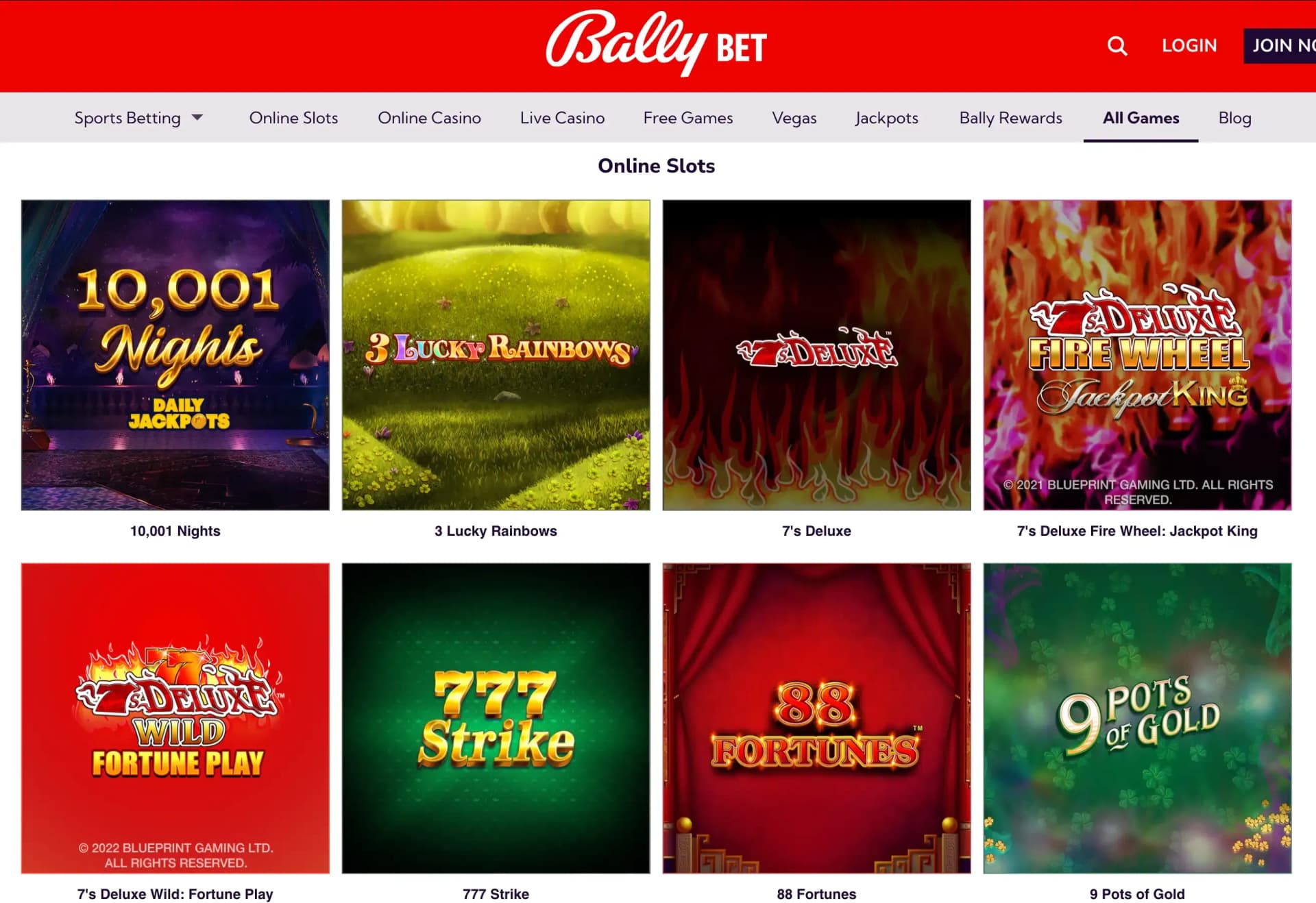 Bally Bet online slots page with 10,001 Nights, 3 Lucky Rainbows and 7's Deluxe tiles