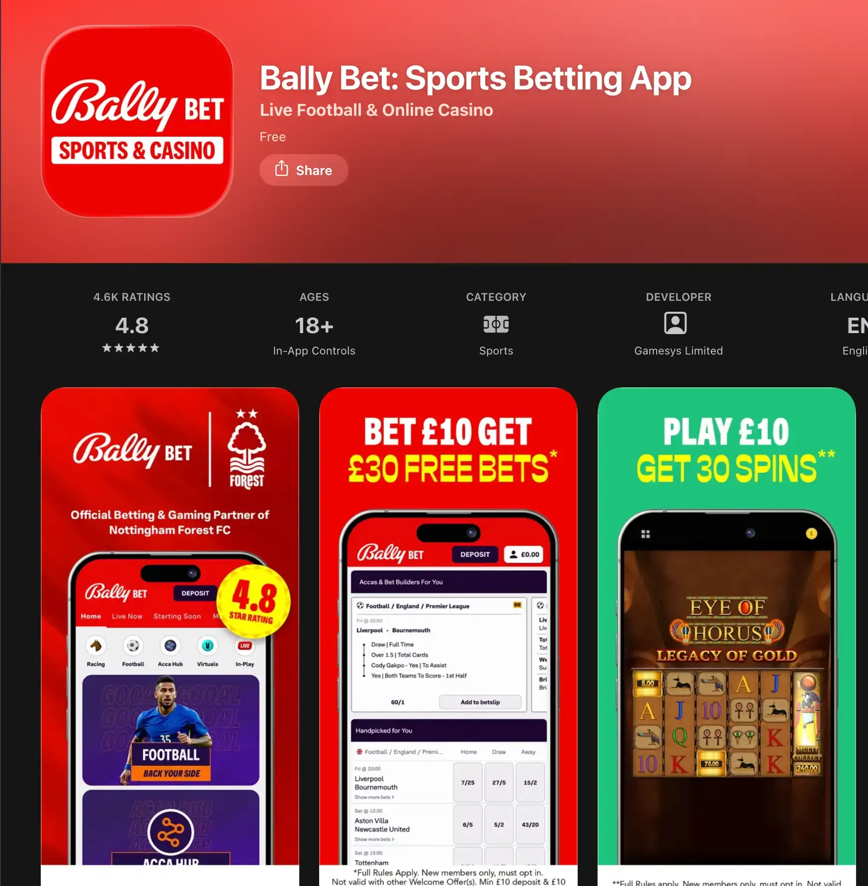 Bally Bet Sports Betting App listing with a 4.8 rating and sports and casino preview images