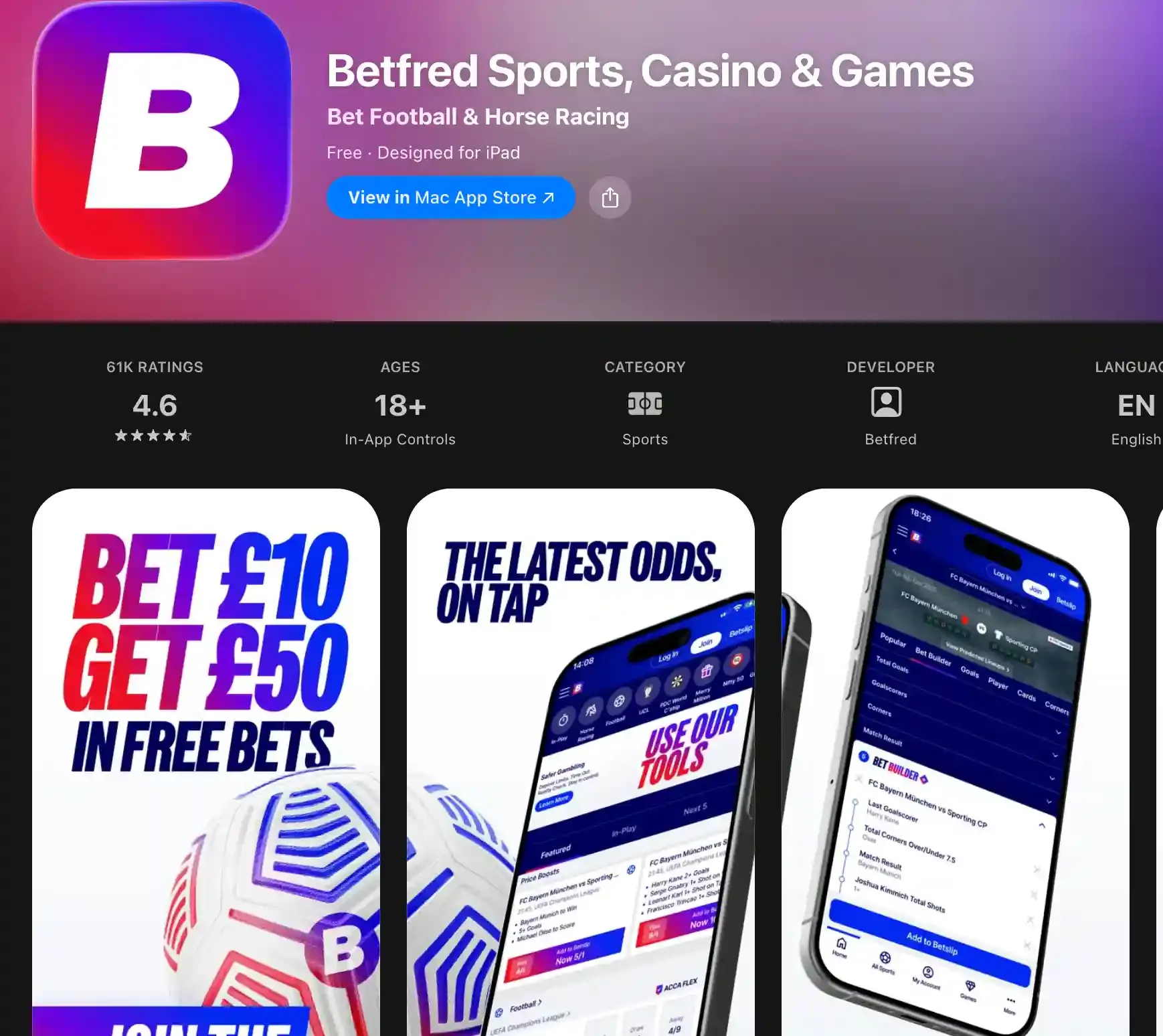 App Store listing for Betfred Sports, Casino & Games with a 4.6 rating and sports betting screenshots