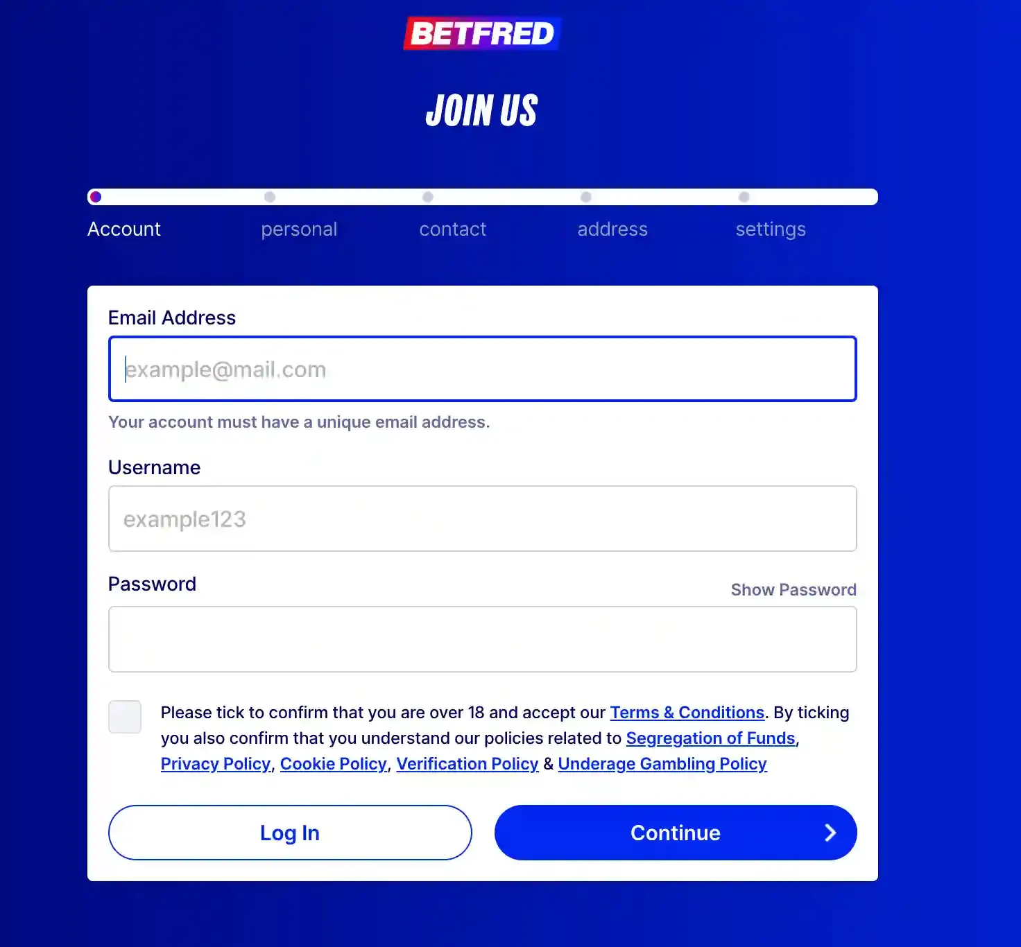 Betfred Join Us account step with email, username and password fields, age checkbox and Continue button