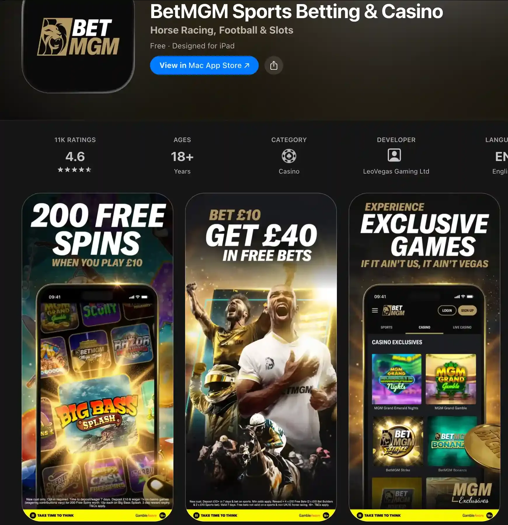 App Store listing for BetMGM Sports Betting & Casino with rating details and three promotional app previews