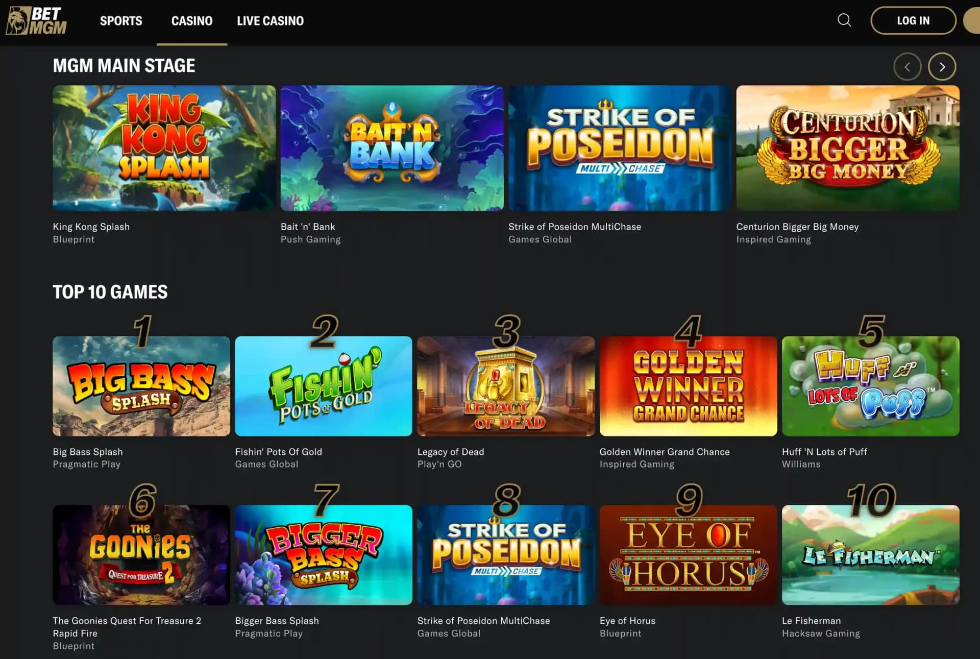 BetMGM casino lobby showing MGM Main Stage and numbered Top 10 Games rows