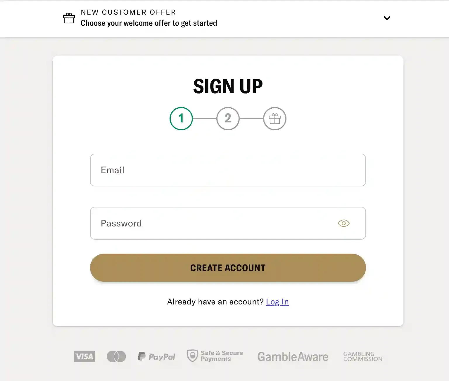 BetMGM sign-up step one with email and password fields and a Create Account button