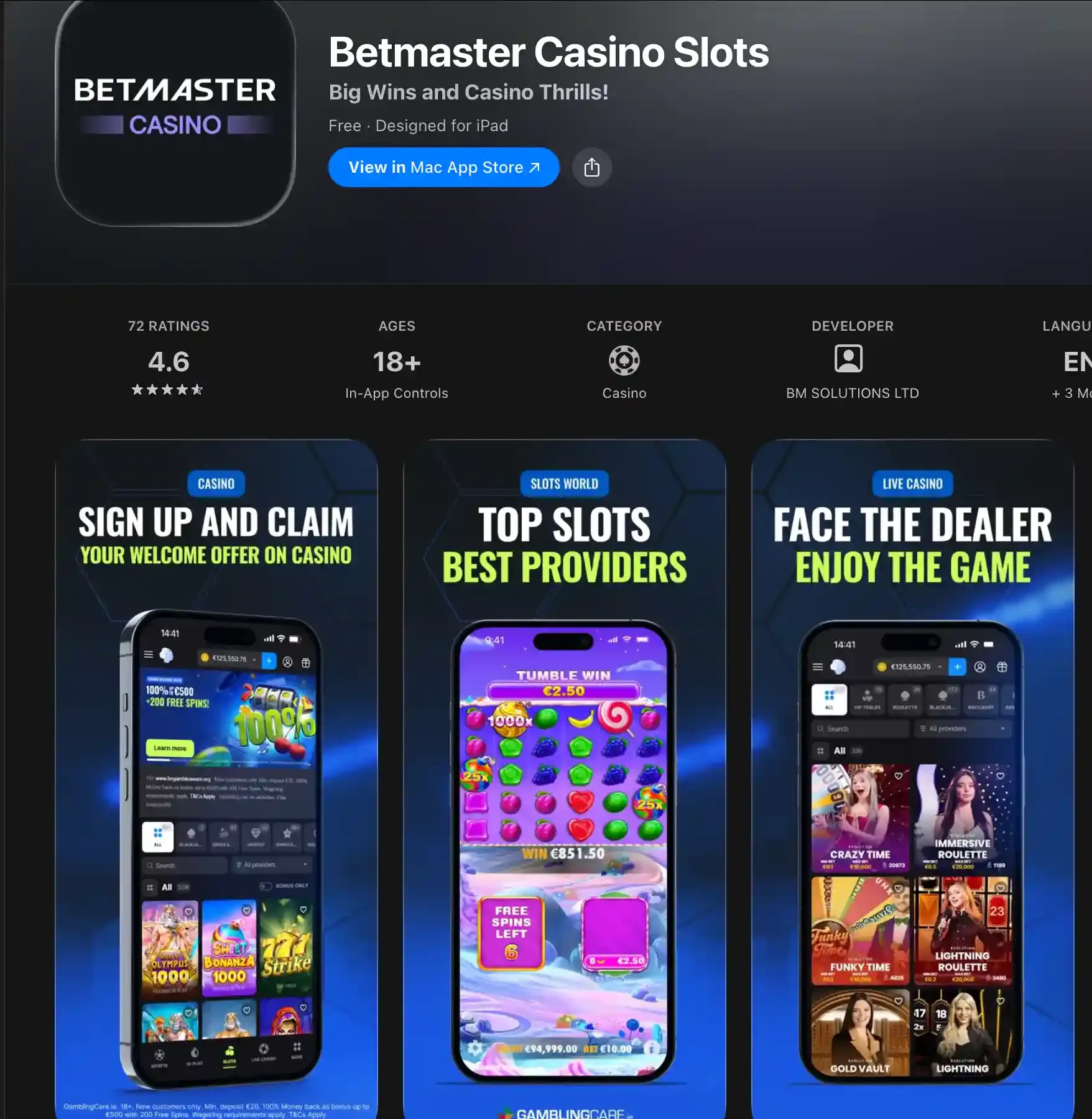Betmaster Casino Slots listing in the UK App Store with app ratings and promotional screenshots.