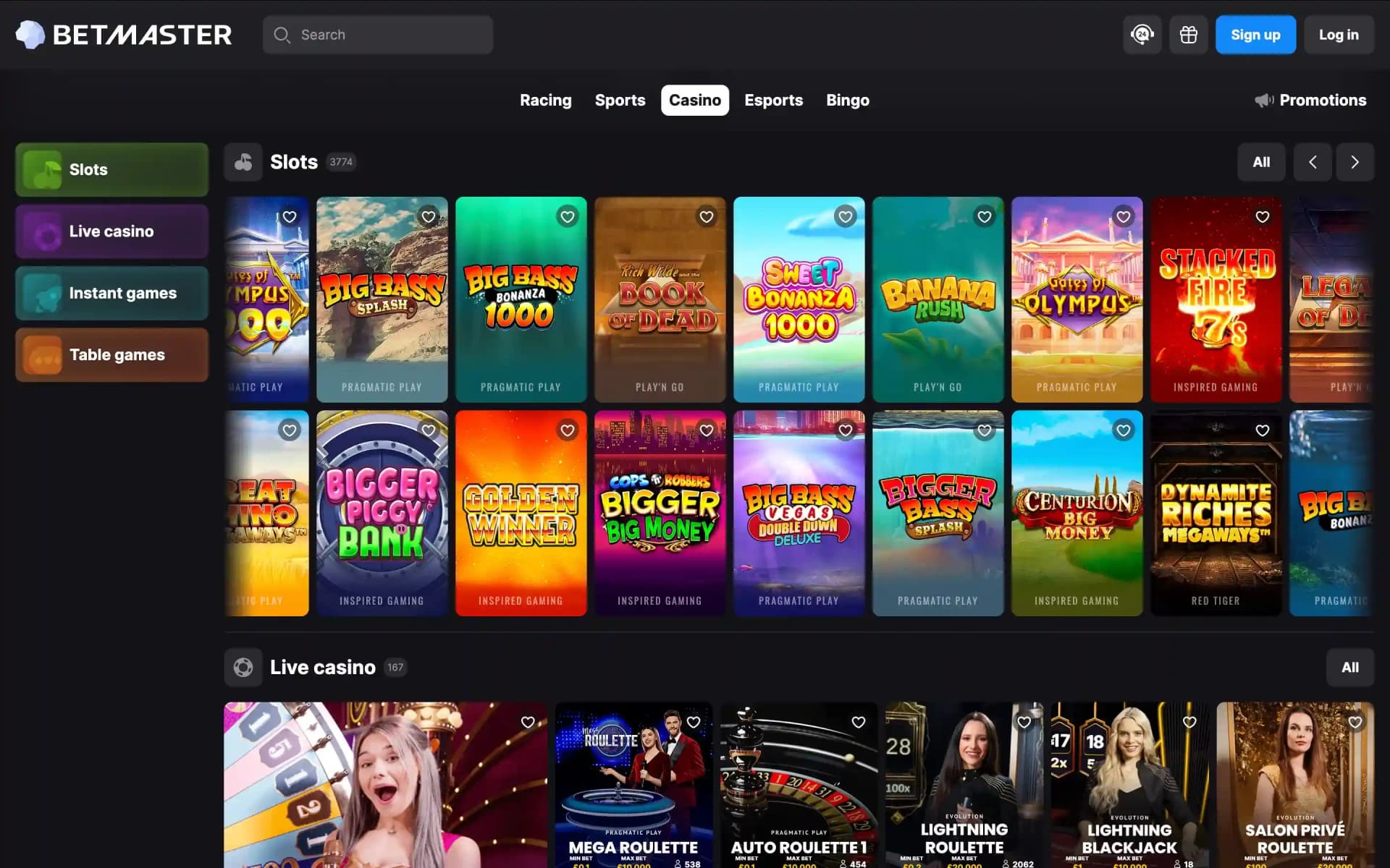 Betmaster UK casino lobby showing slot categories, game tiles and live-casino tables.