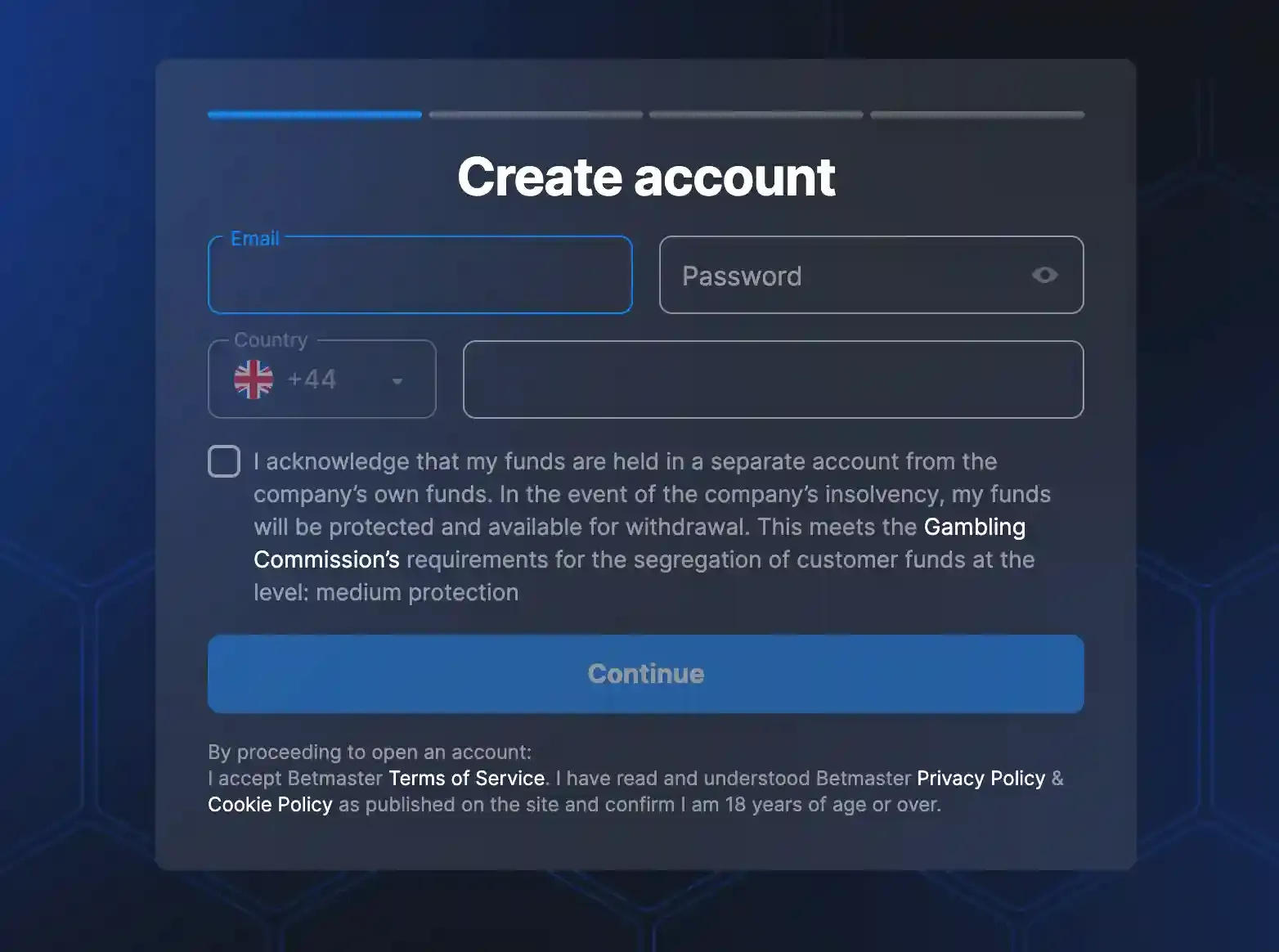 Betmaster UK account registration form with email, password, country and phone fields.