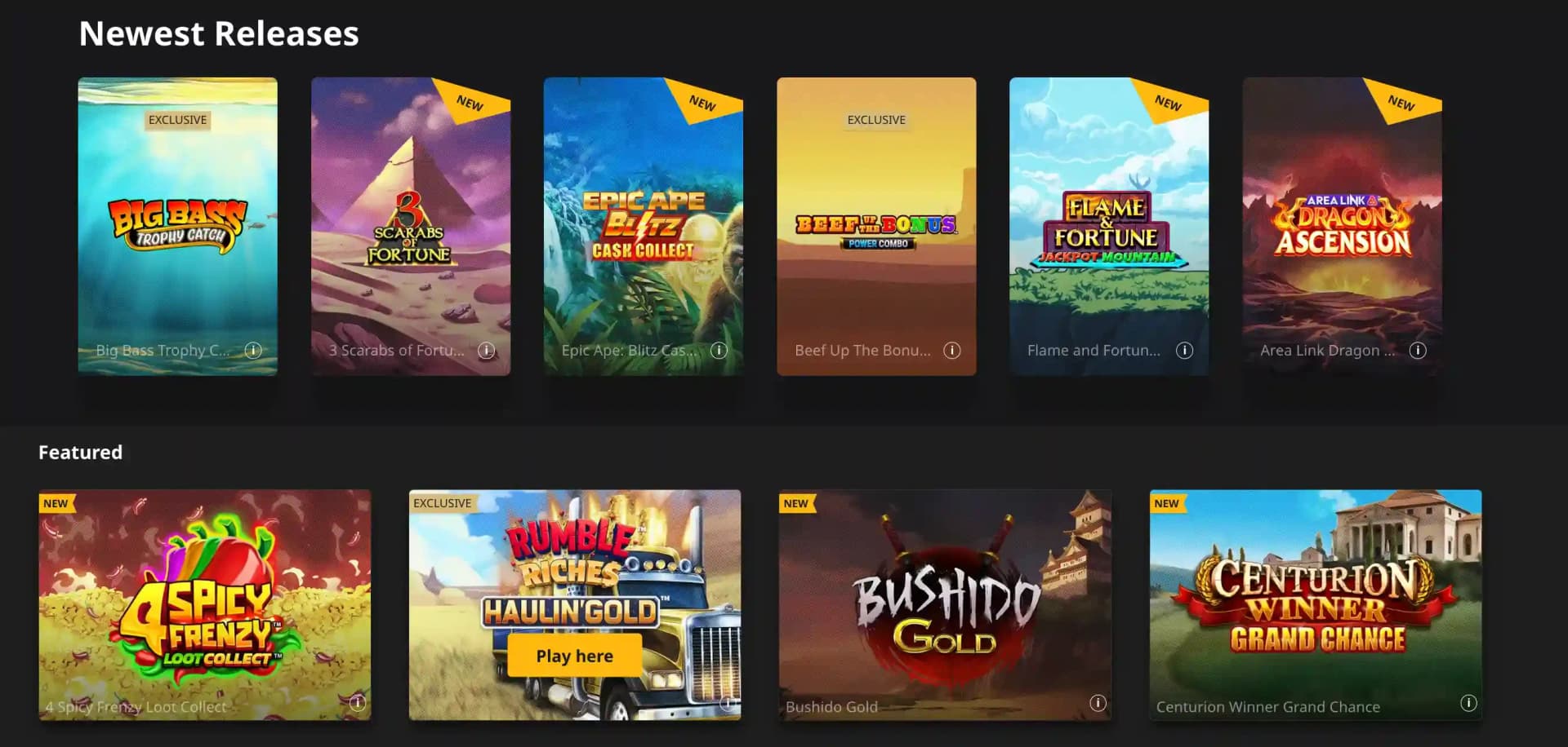 Betfair casino Newest Releases and Featured game tiles, including Big Bass Trophy Catch and 4 Spicy Frenzy