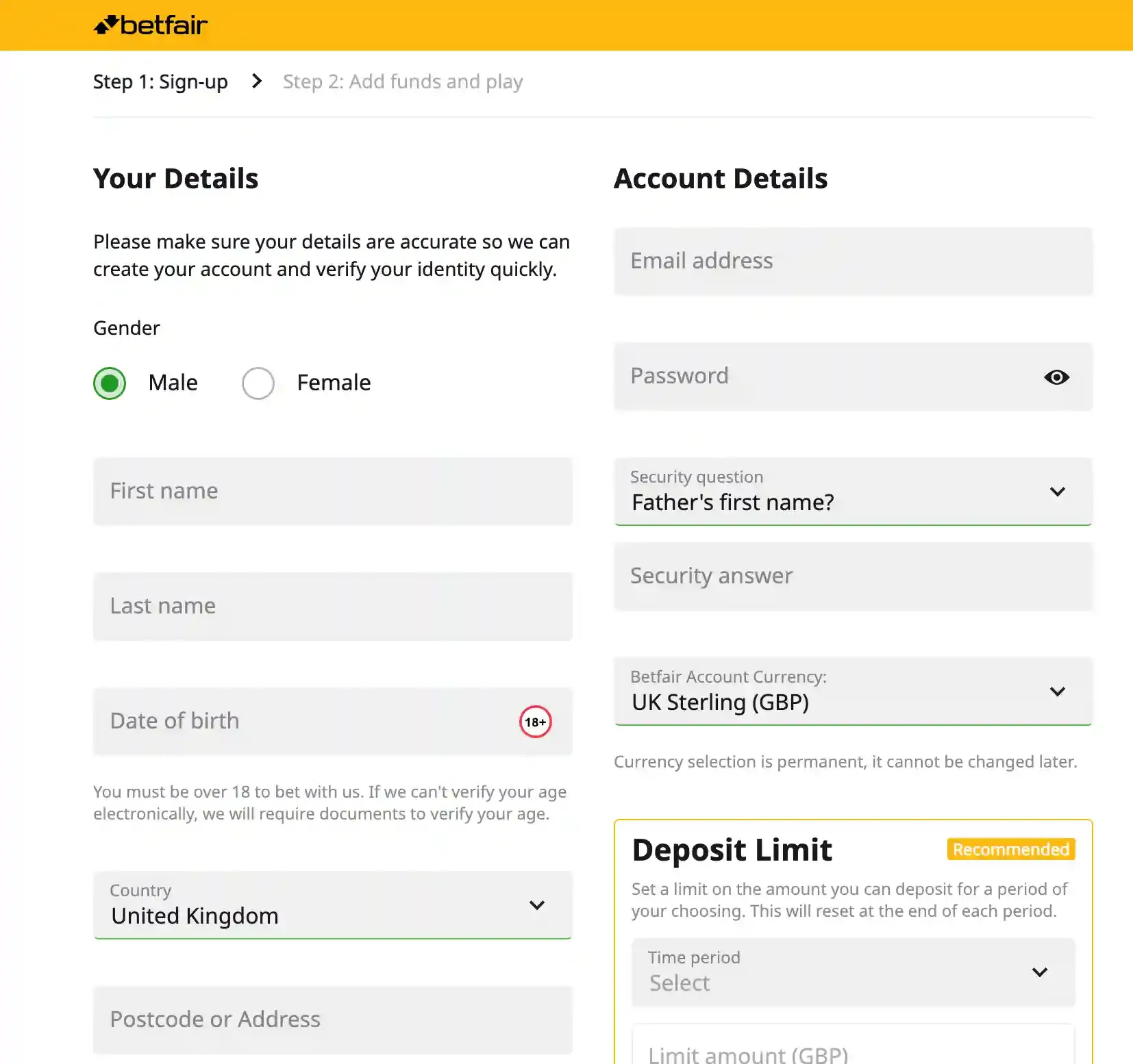 Betfair sign-up form with personal details, account details, UK Sterling currency and deposit limit fields