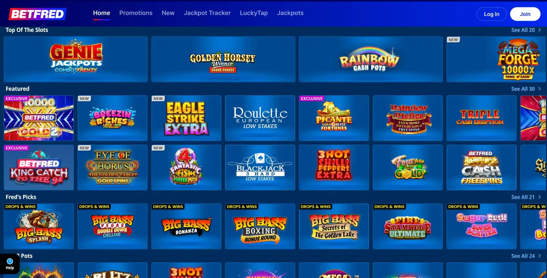 Betfred casino page with Top Of The Slots, Featured and Fred’s Picks game rows