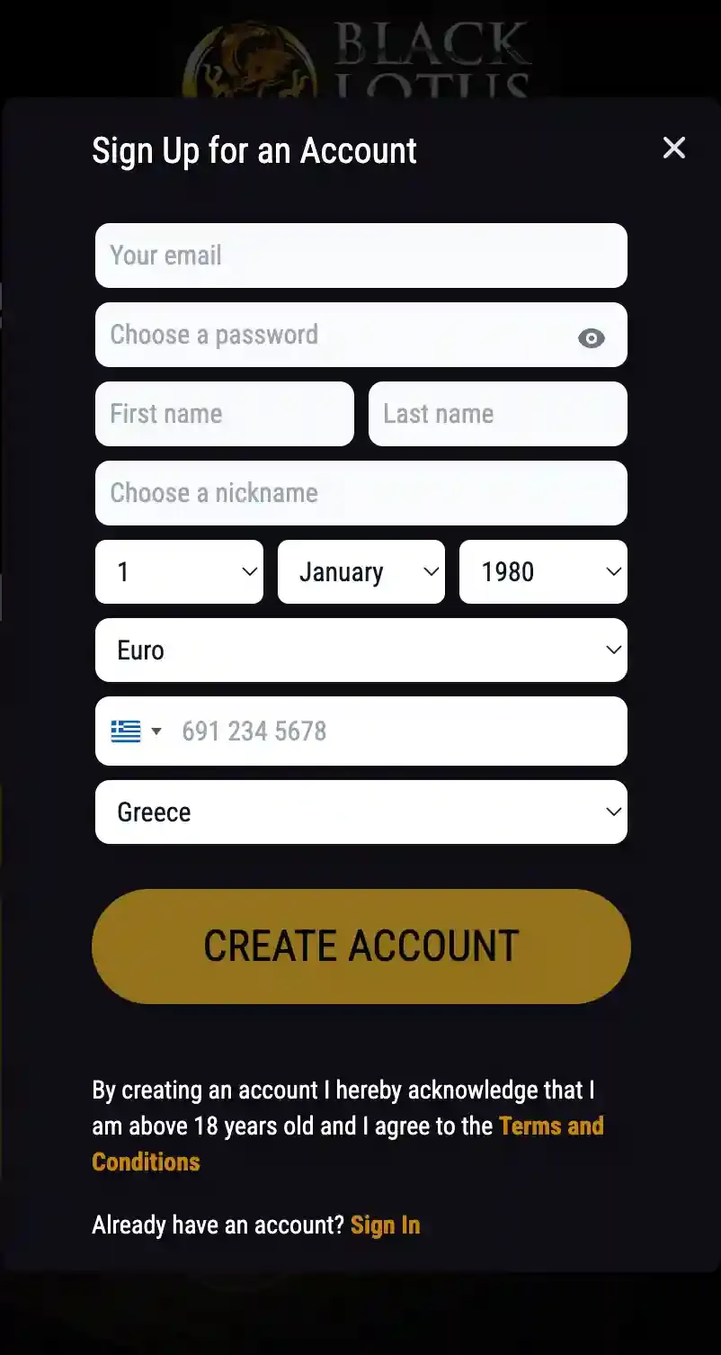 Black Lotus registration form