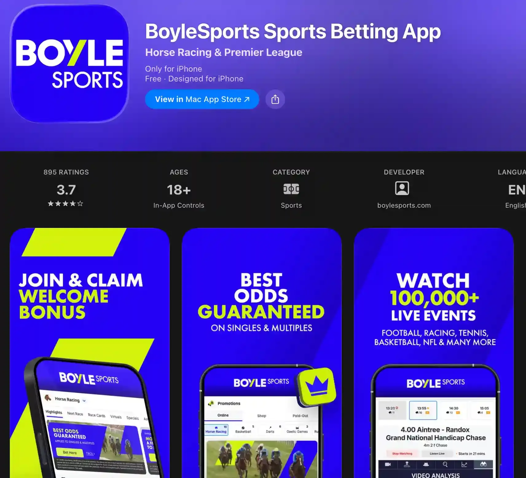 App Store listing for BoyleSports Sports Betting App, rated 3.7 from 895 ratings, with feature previews