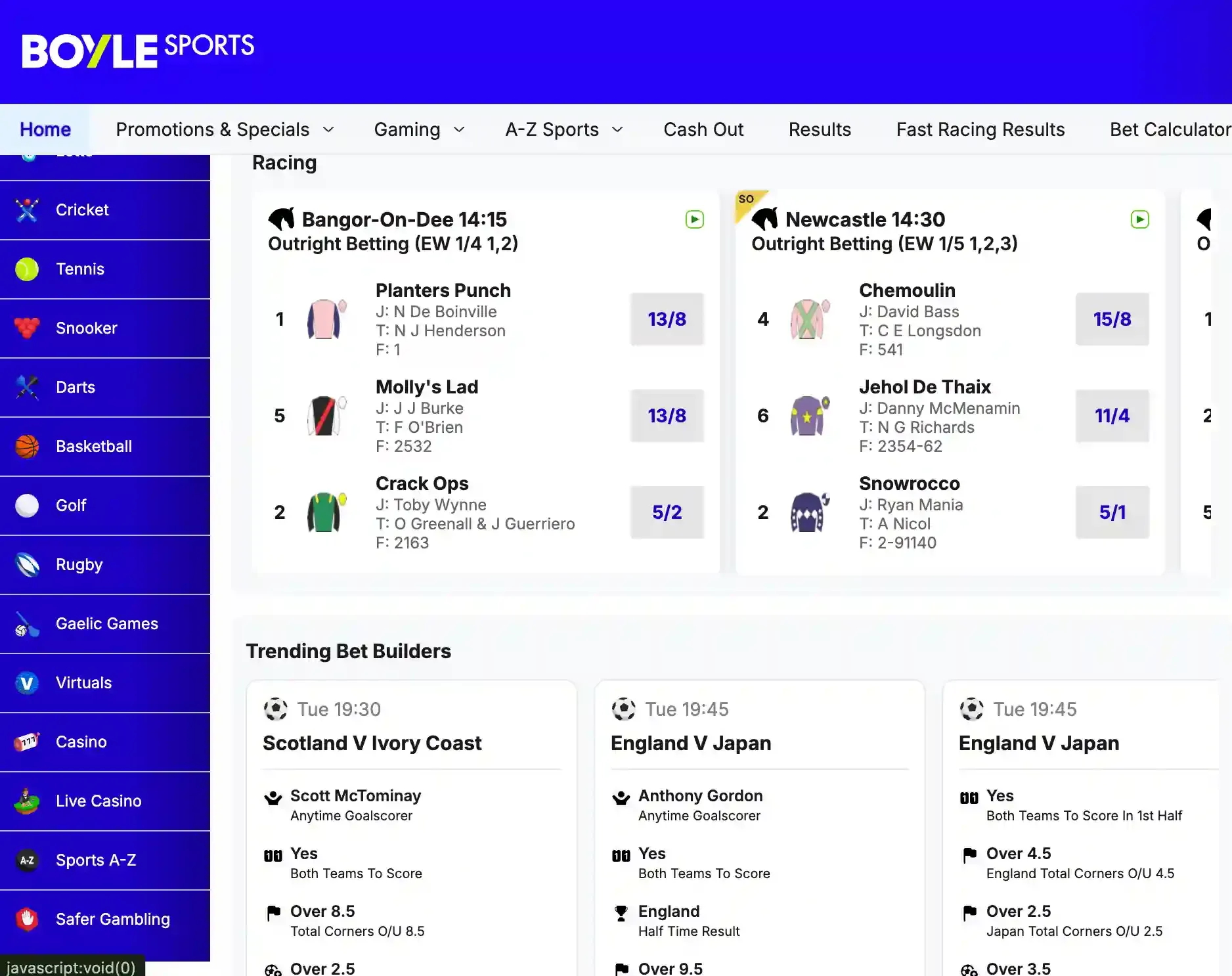 BoyleSports sportsbook home page showing horse-racing odds and trending football bet builders