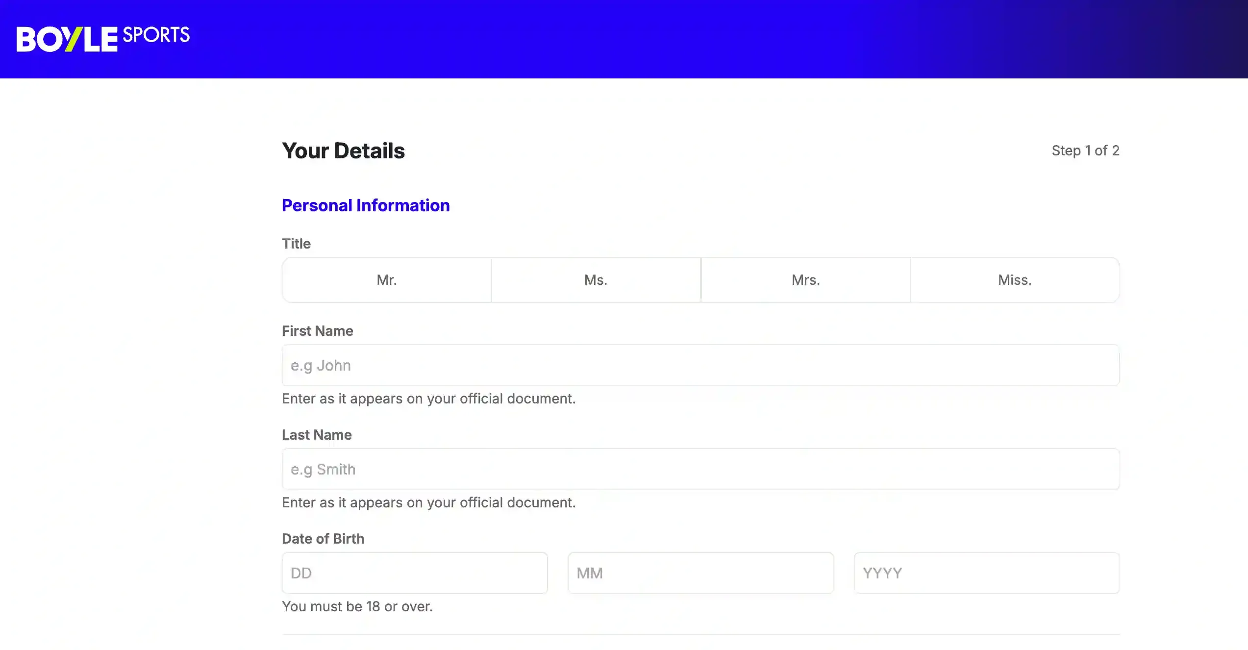 BoyleSports registration form, step 1 of 2, with title, name and date-of-birth fields