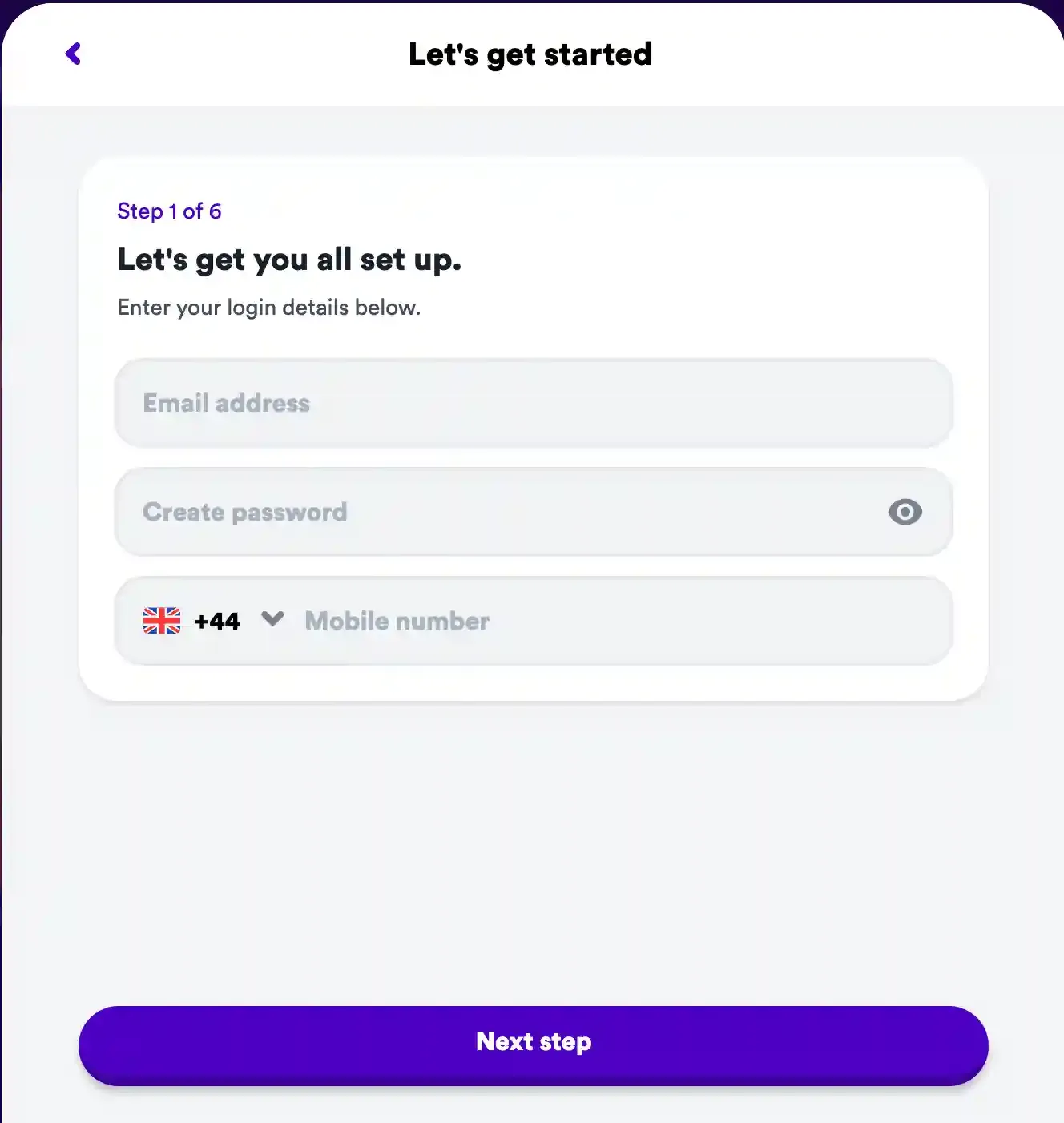 Casumo sign-up step 1 of 6 with email, password and UK mobile number fields