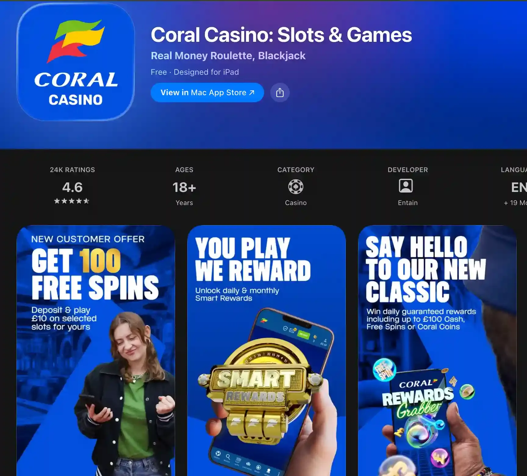 Mac App Store listing for Coral Casino: Slots & Games, rated 4.6, with Smart Rewards and 100 free spins previews