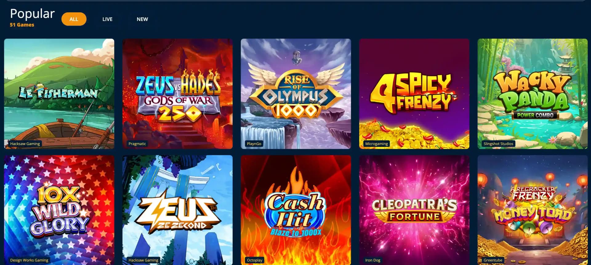 Dream Vegas Popular games grid with All, Live and New tabs and Le Fisherman, Zeus vs Hades and Rise of Olympus 1000 tiles