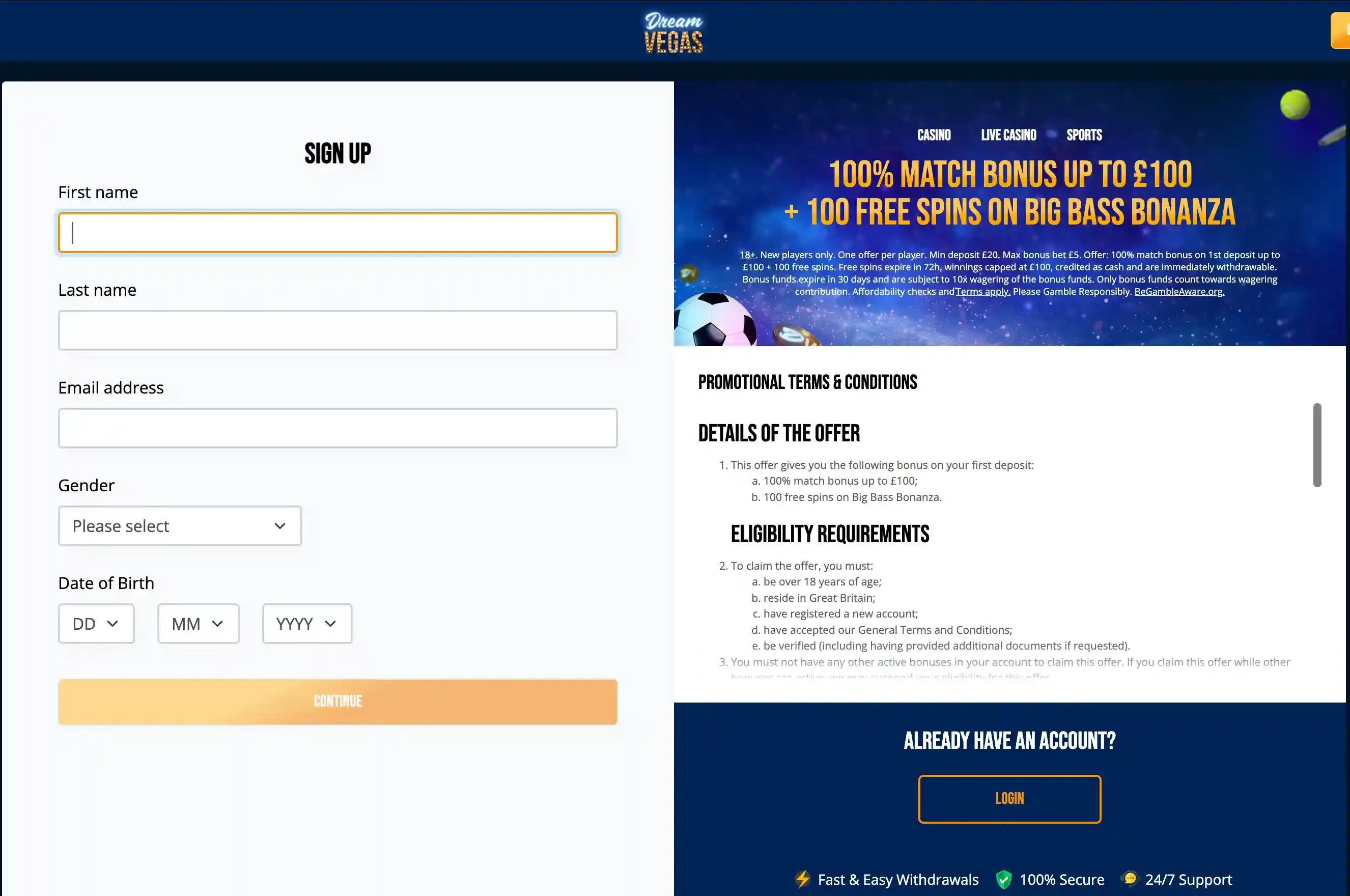 Dream Vegas sign-up form with personal details fields beside a 100% match bonus up to £100 plus 100 free spins offer