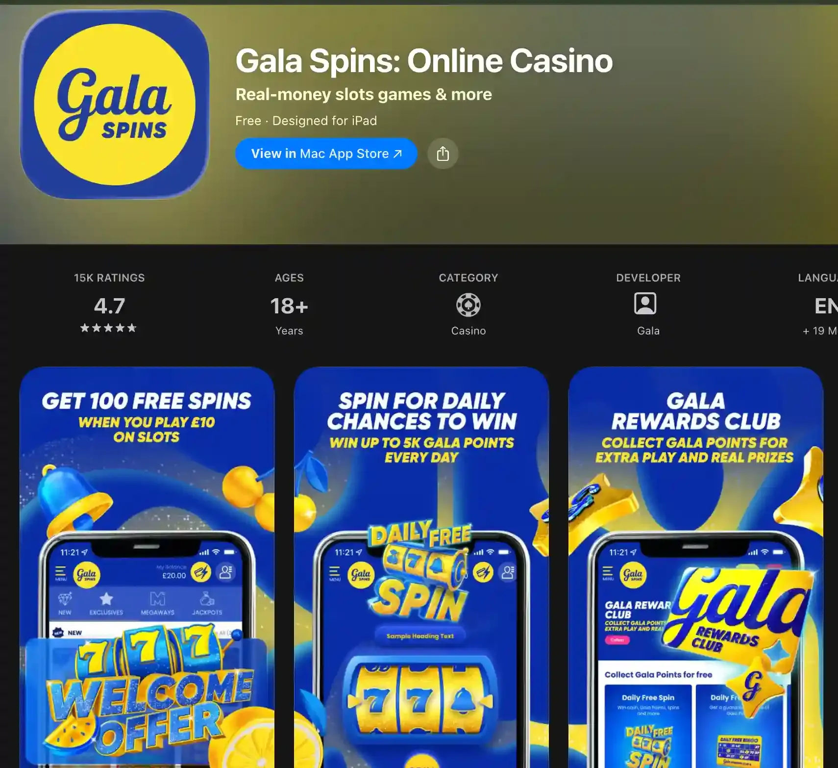 Gala Spins: Online Casino App Store listing rated 4.7 from 15K ratings and developed by Gala