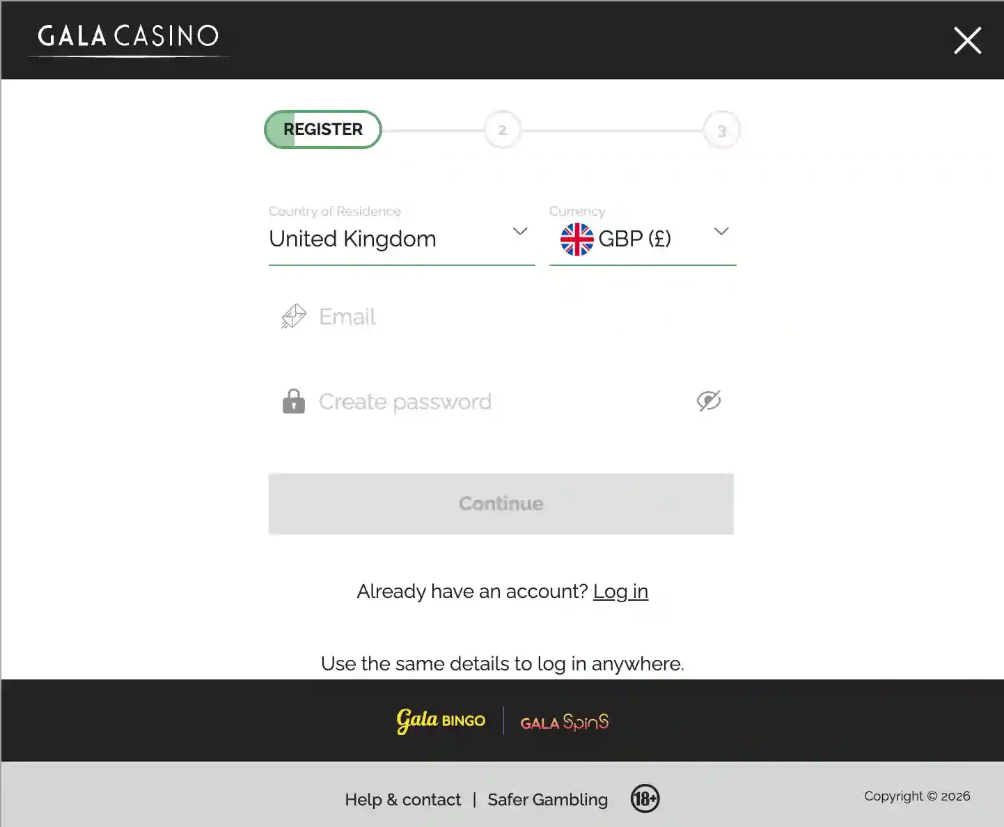 Gala Casino registration form with UK residence, GBP currency, email and password fields