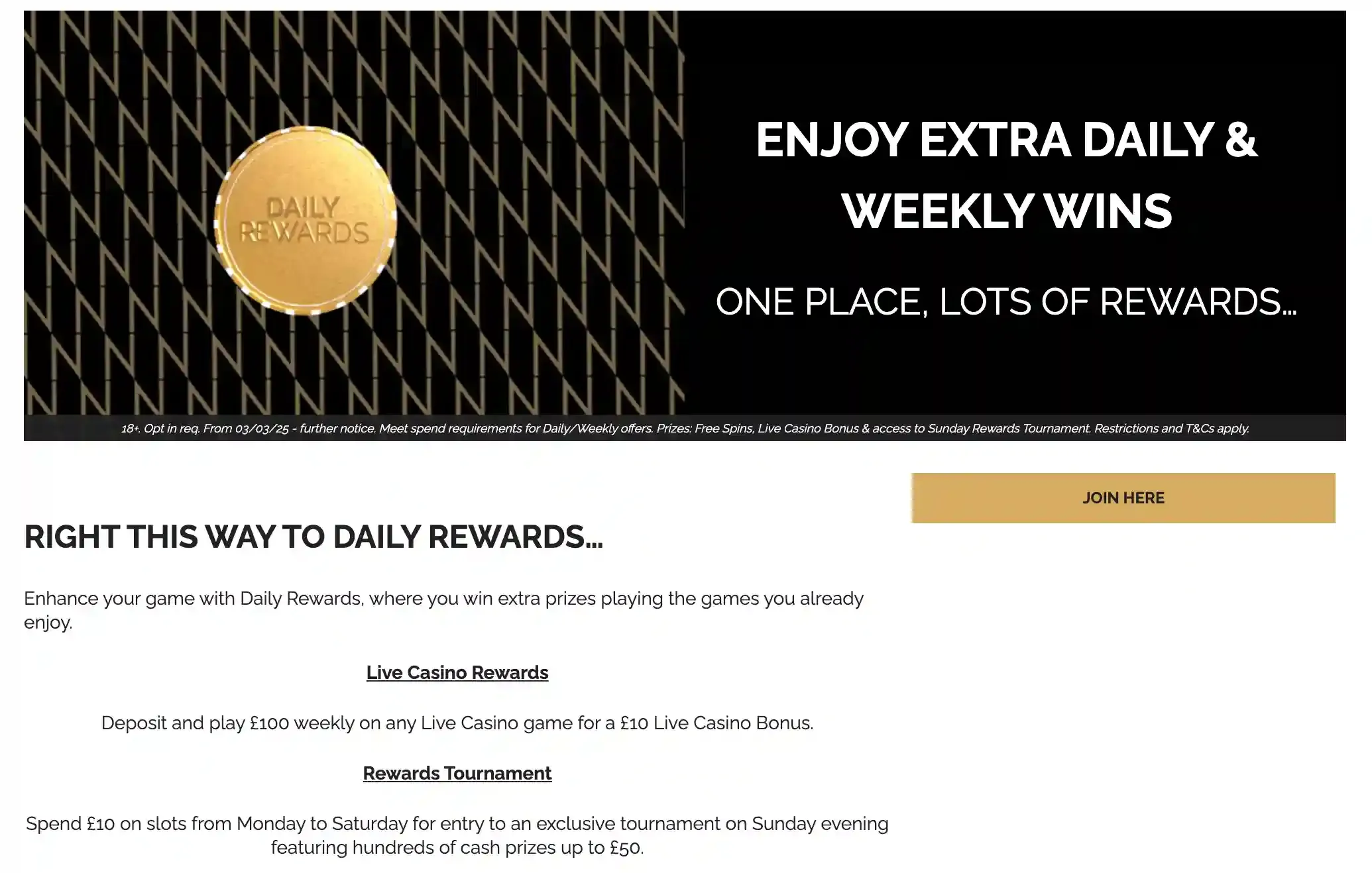 Gala Casino Daily Rewards page with a £10 live casino bonus and Sunday rewards tournament details