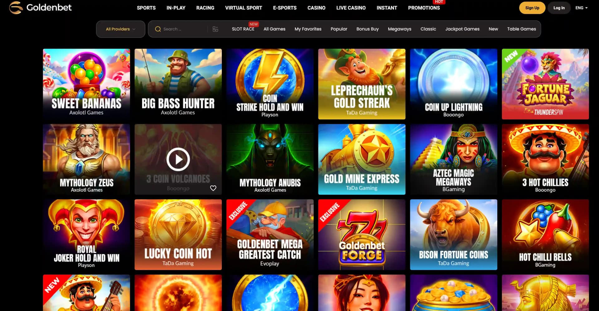Goldenbet slot lobby showing Sweet Bananas, Big Bass Hunter and Coin Strike Hold and Win