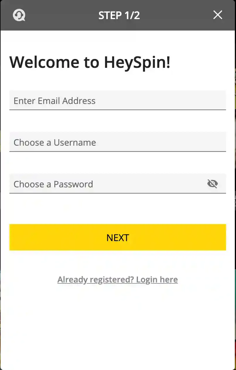 HeySpin registration step 1 of 2 with email, username and password fields and a yellow Next button