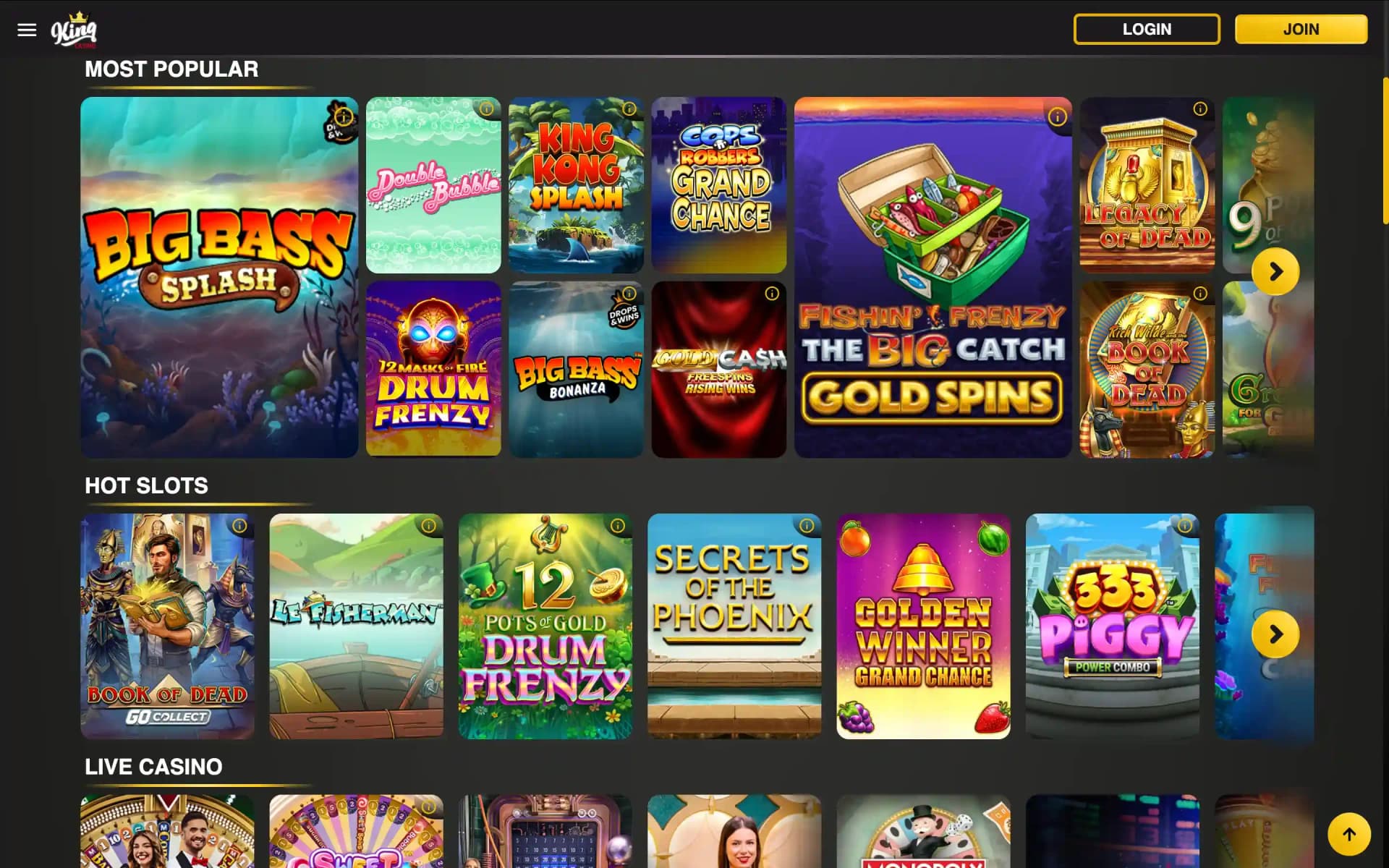 King Casino lobby showing Most Popular, Hot Slots and Live Casino rows with game tiles