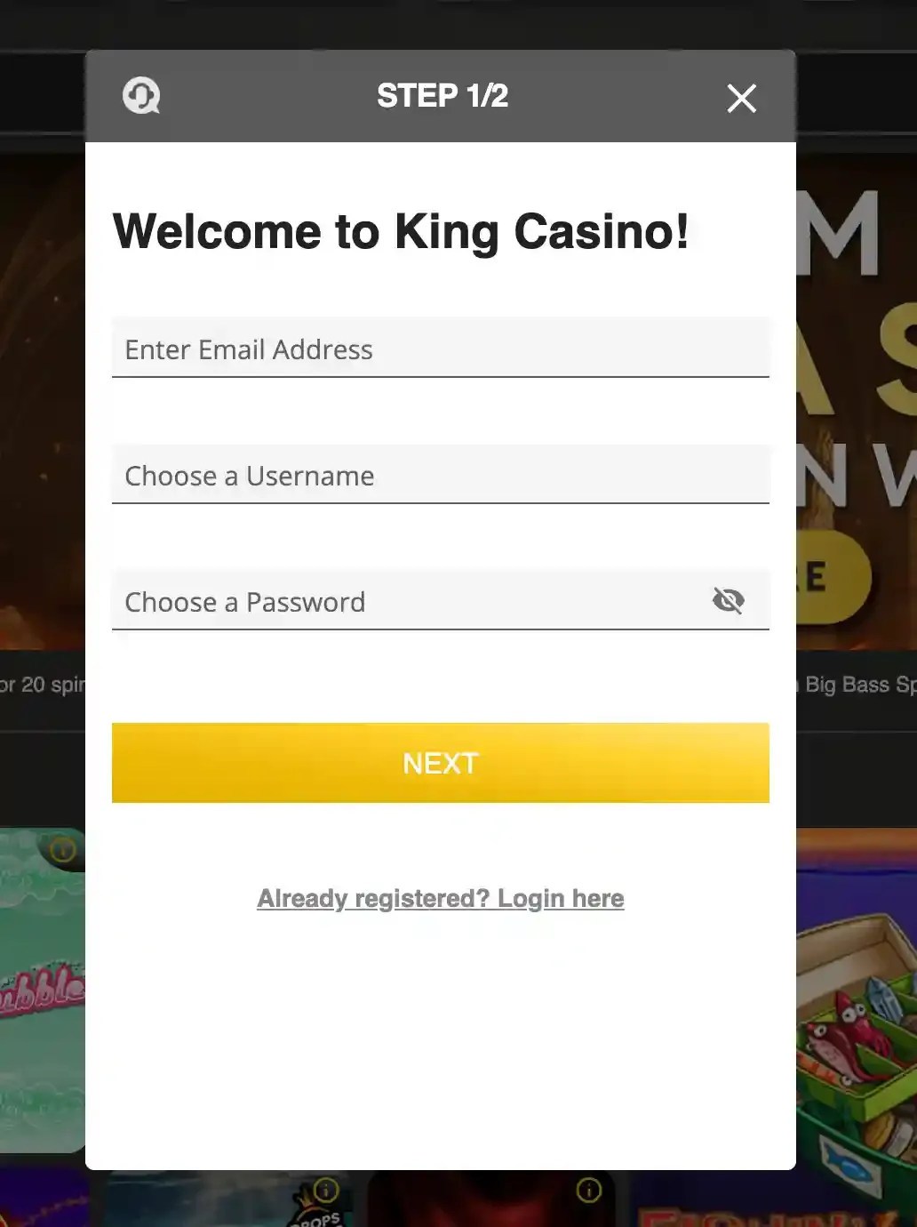 King Casino registration form with email, username and password fields and a Next button