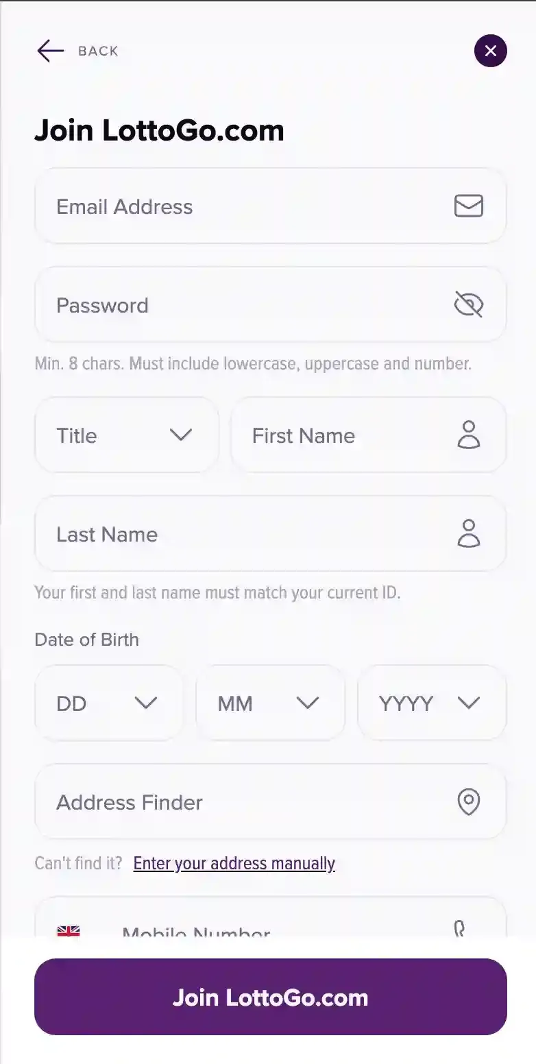 LottoGo UK registration form