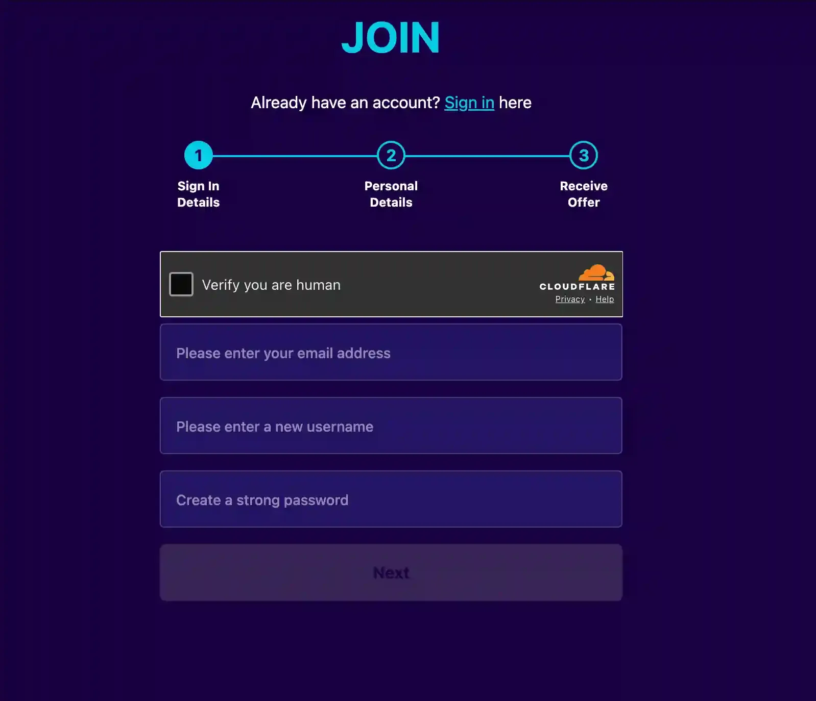 Magical Vegas registration form with human verification and email, username and password fields