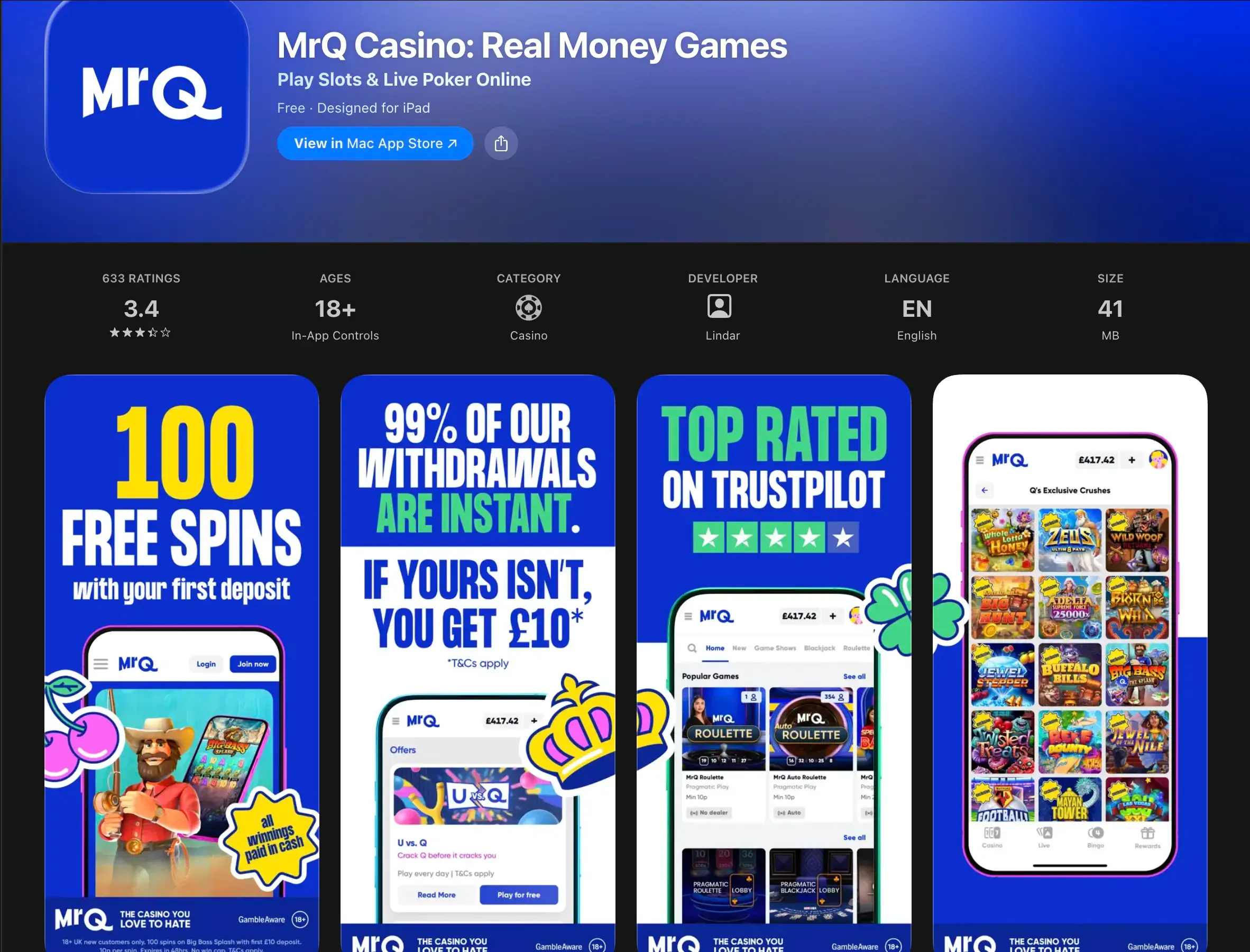 Mac App Store listing for MrQ Casino by Lindar with a 3.4 rating and promotional app previews